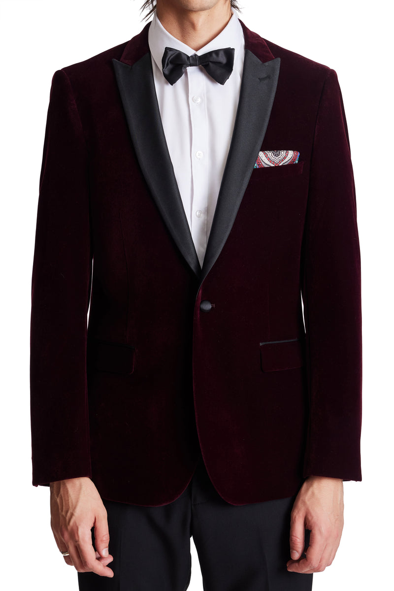 Grosvenor Peak Tux Jacket slim Rich Burgundy Velvet Paisley