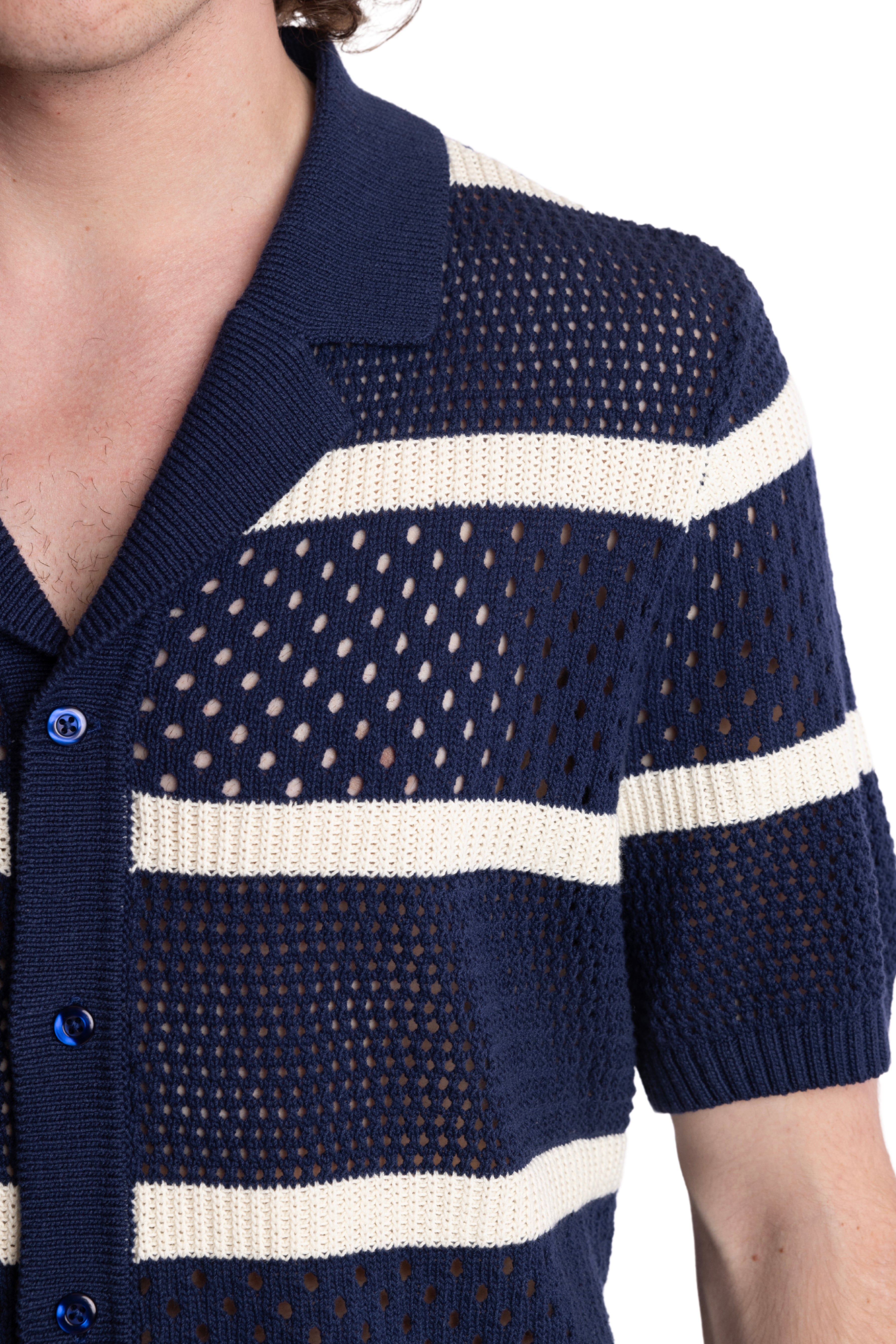 Full Placket Crochet Polo - Navy & Cream