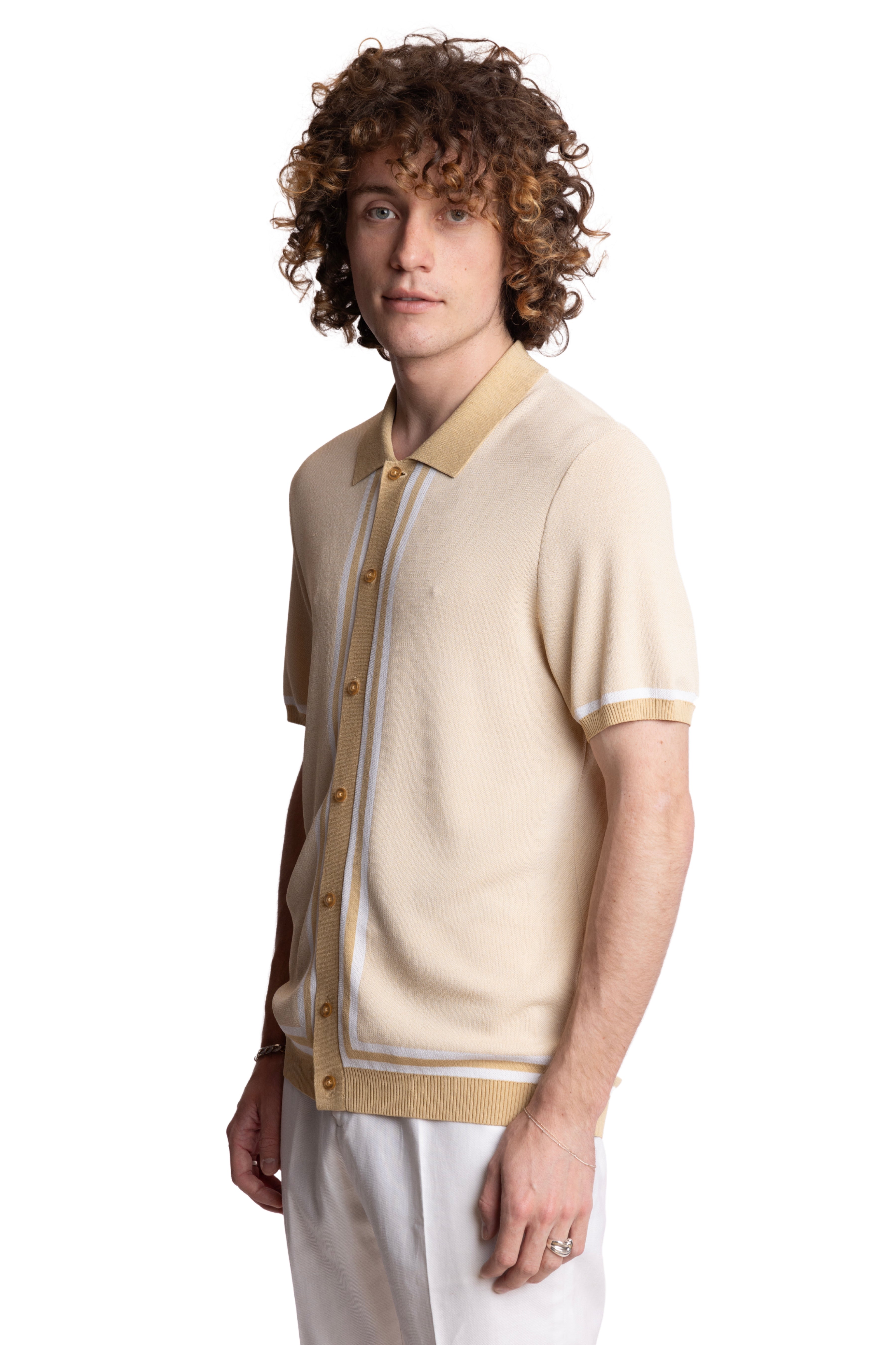 Full Placket Retro Polo - Tan White