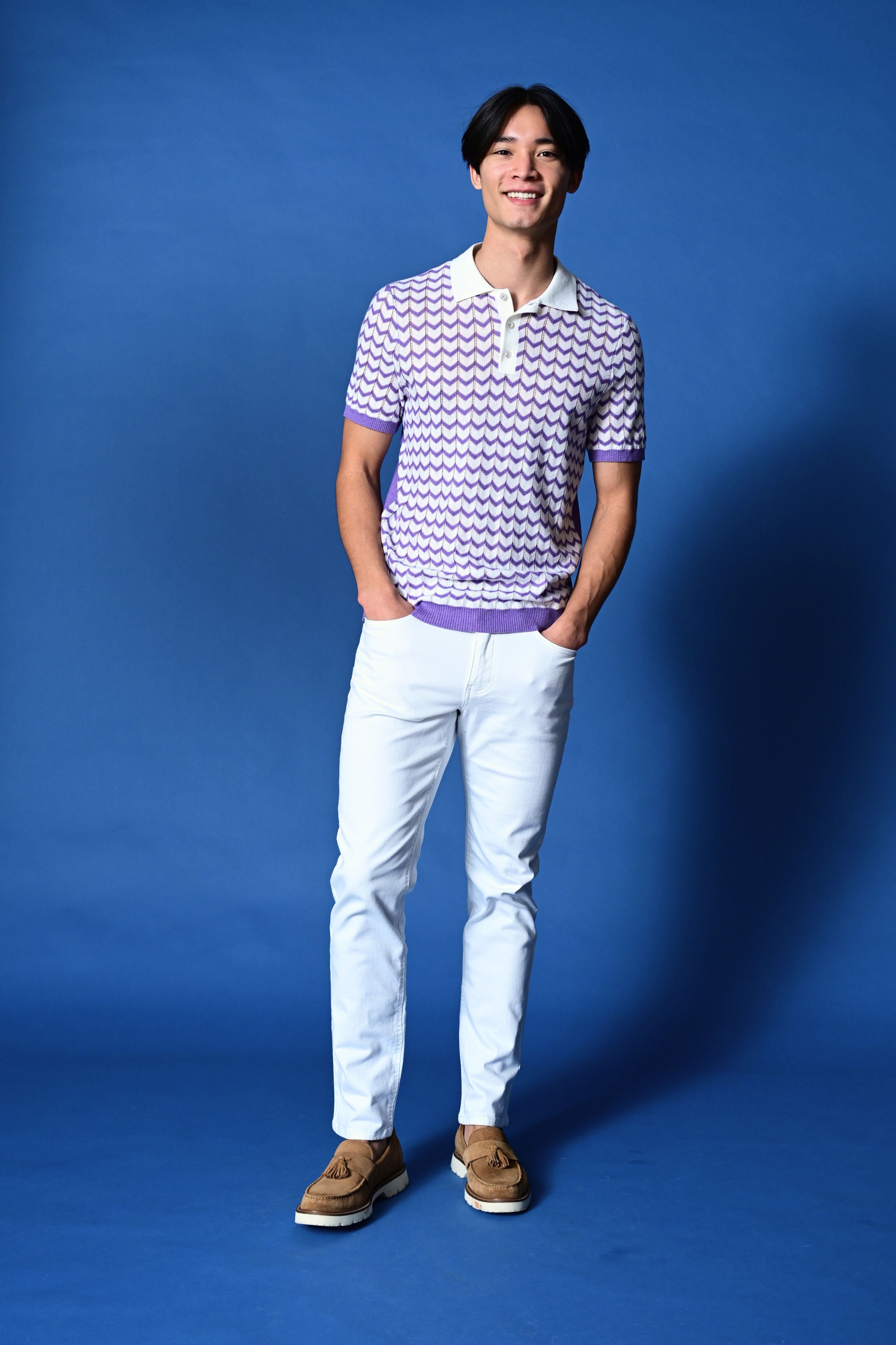 3 Button Chevron Polo - White & Lilac Zig Zag