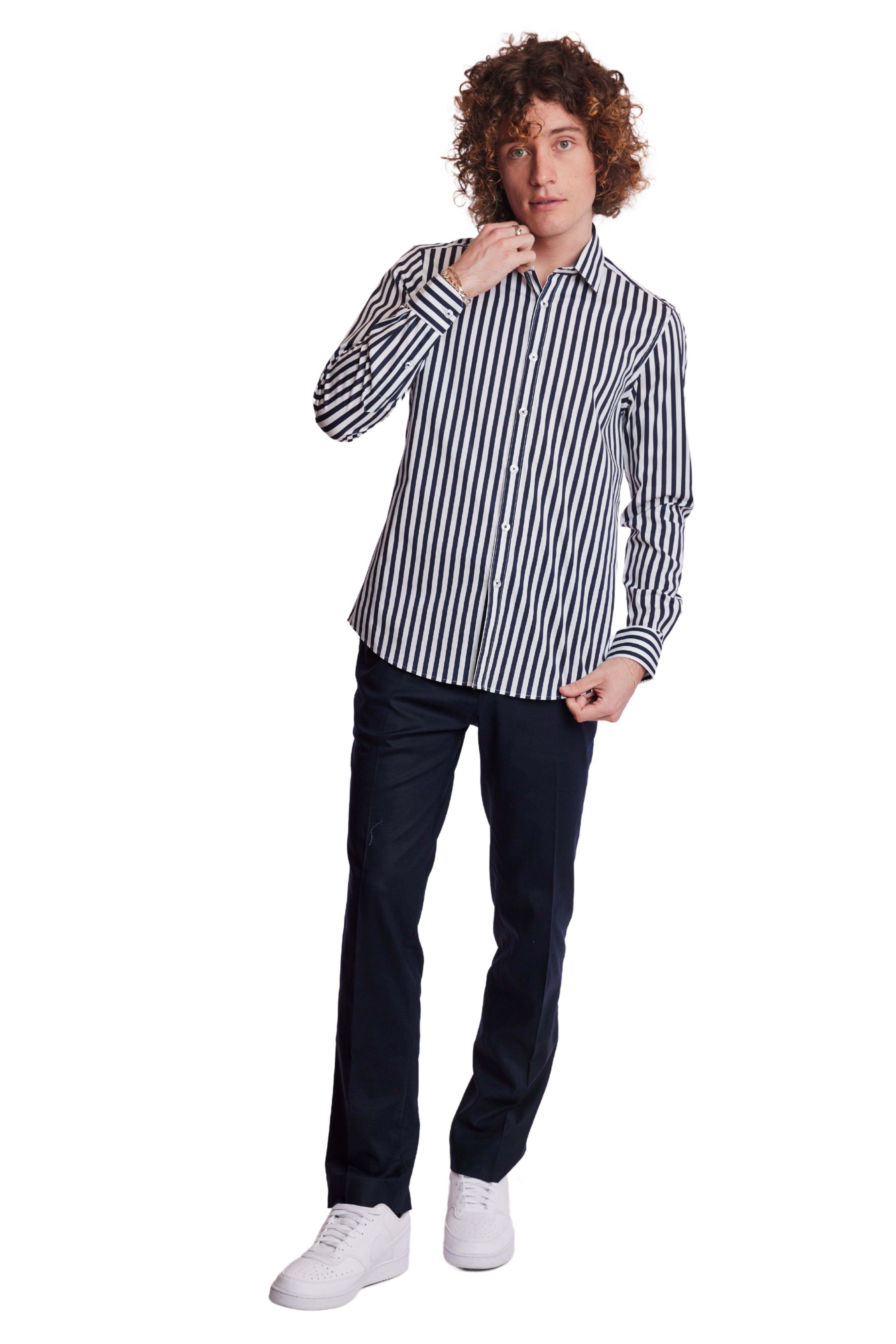 Samuel Spread Collar Shirt - Navy & White Wide Stripe