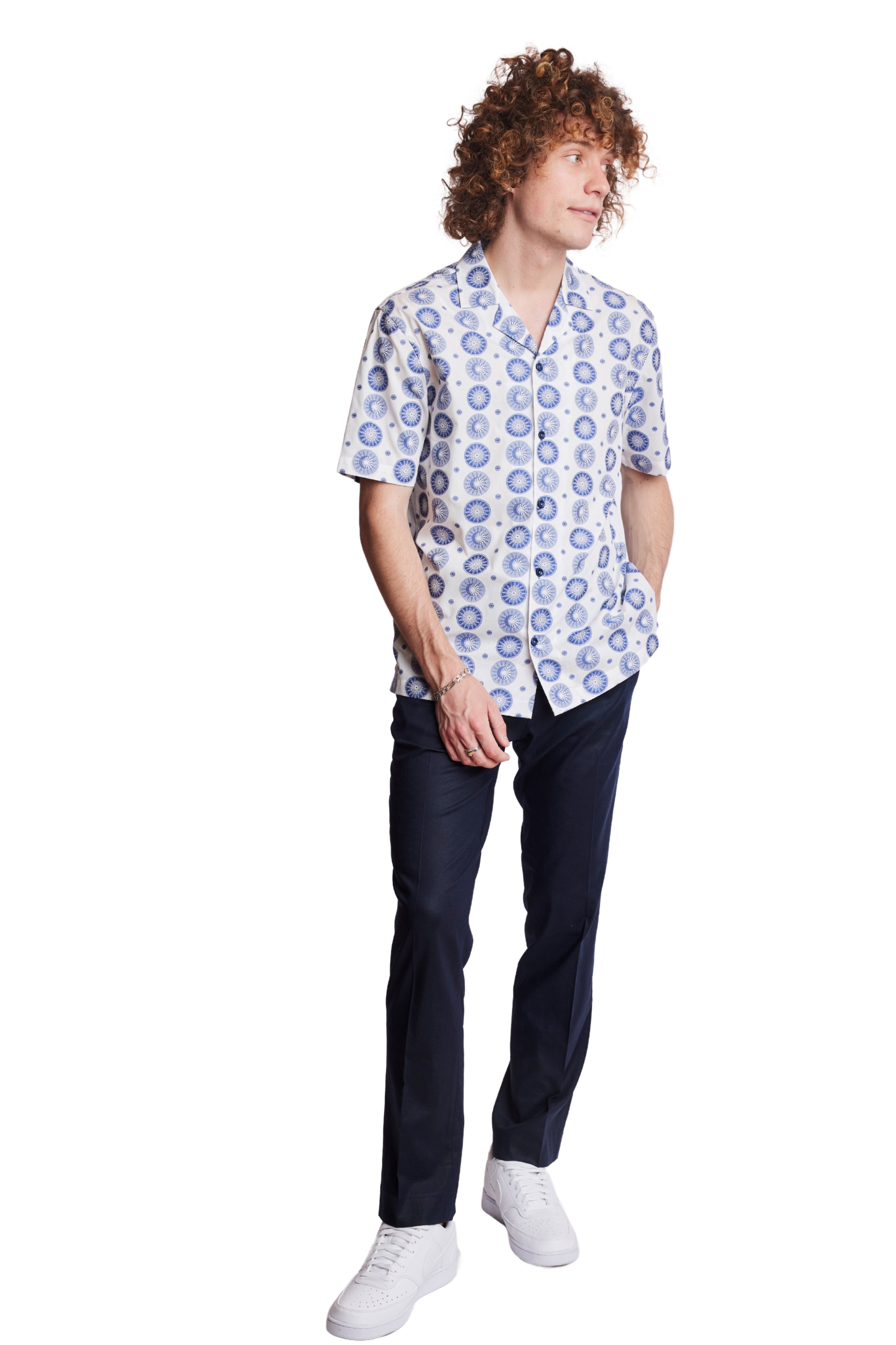 S/S Camp Collar Shirt - Wt Blue Sun Moon