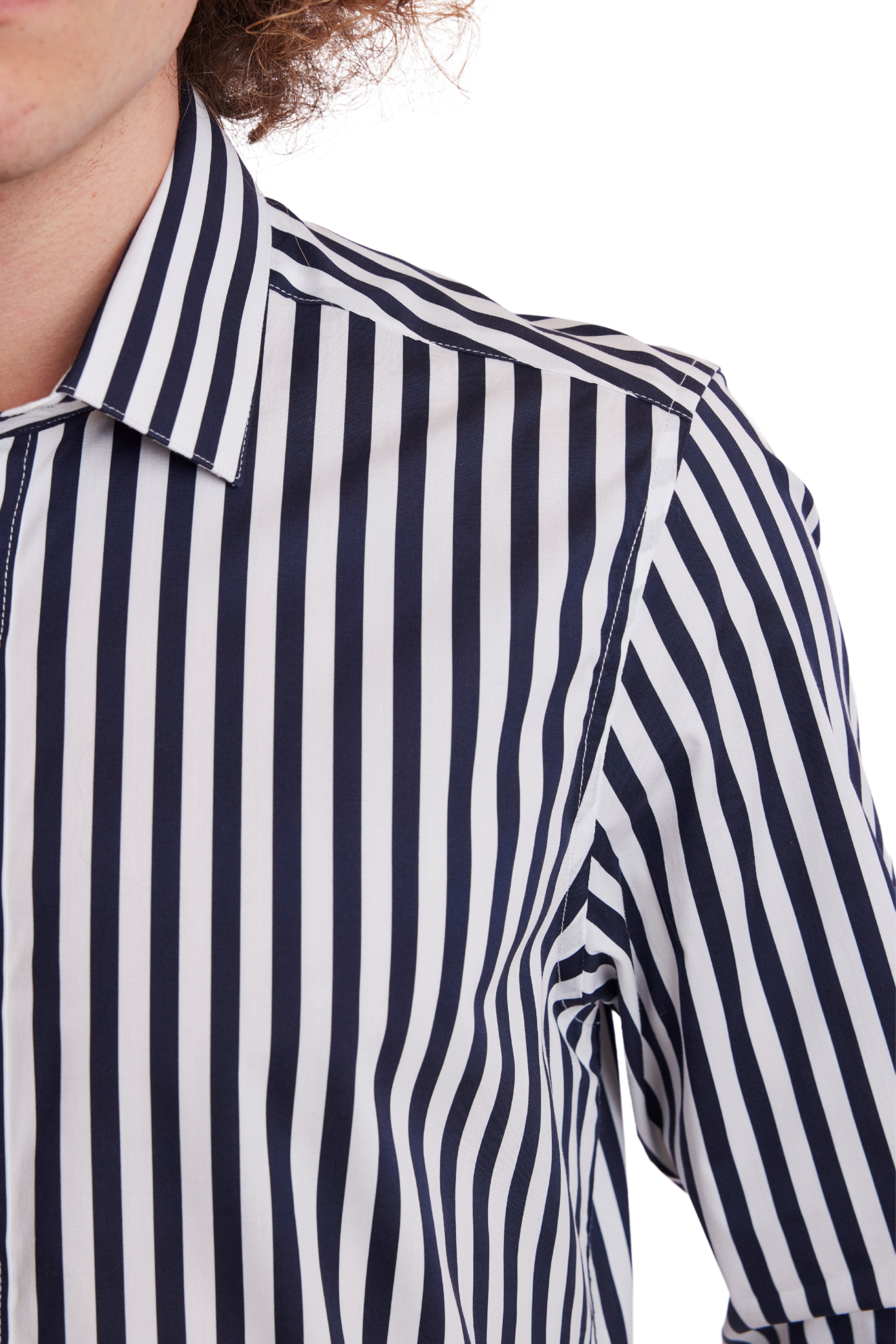 Samuel Spread Collar Shirt - Navy & White Wide Stripe