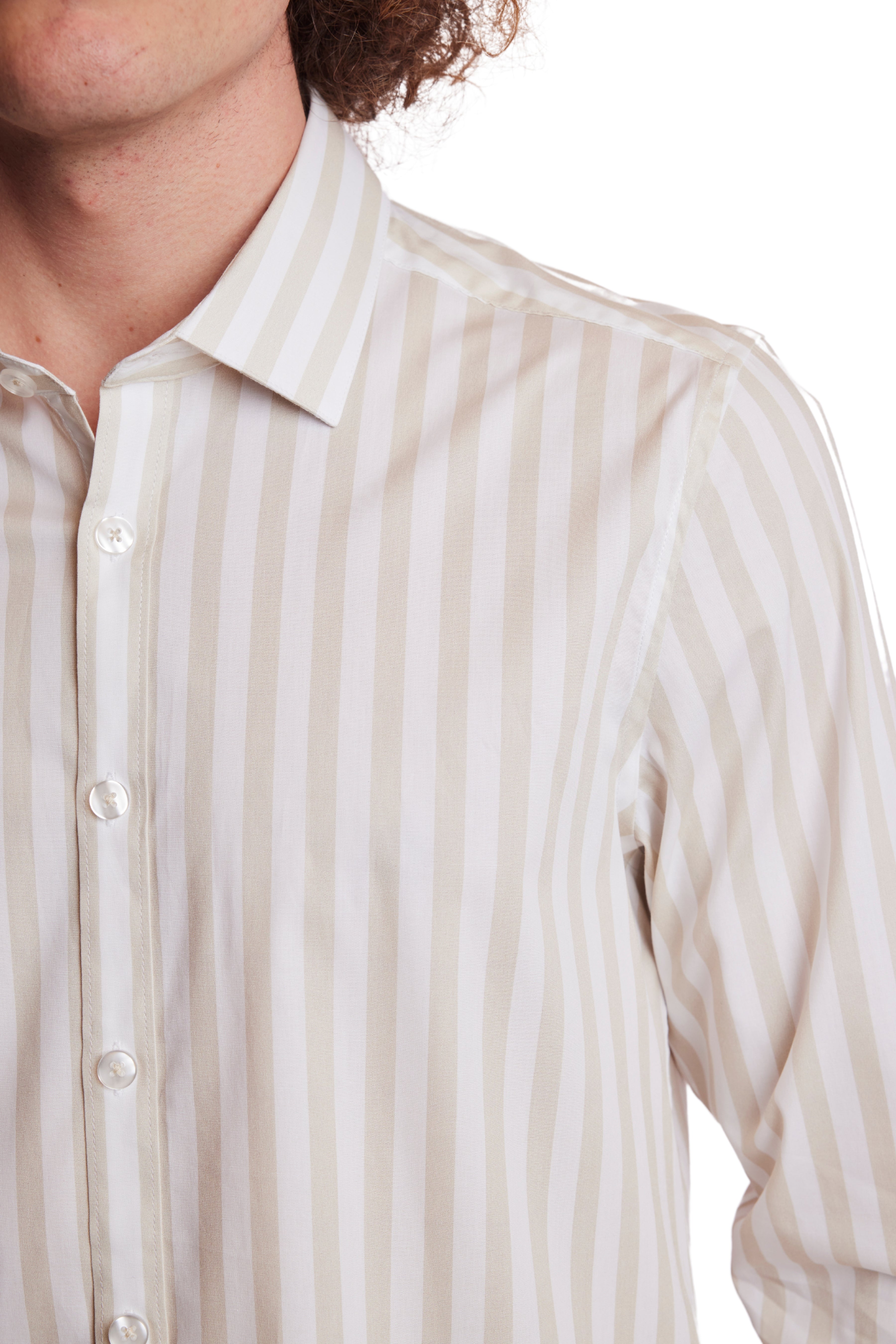 Samuel Spread Collar Shirt - Tan & White Wide Stripe