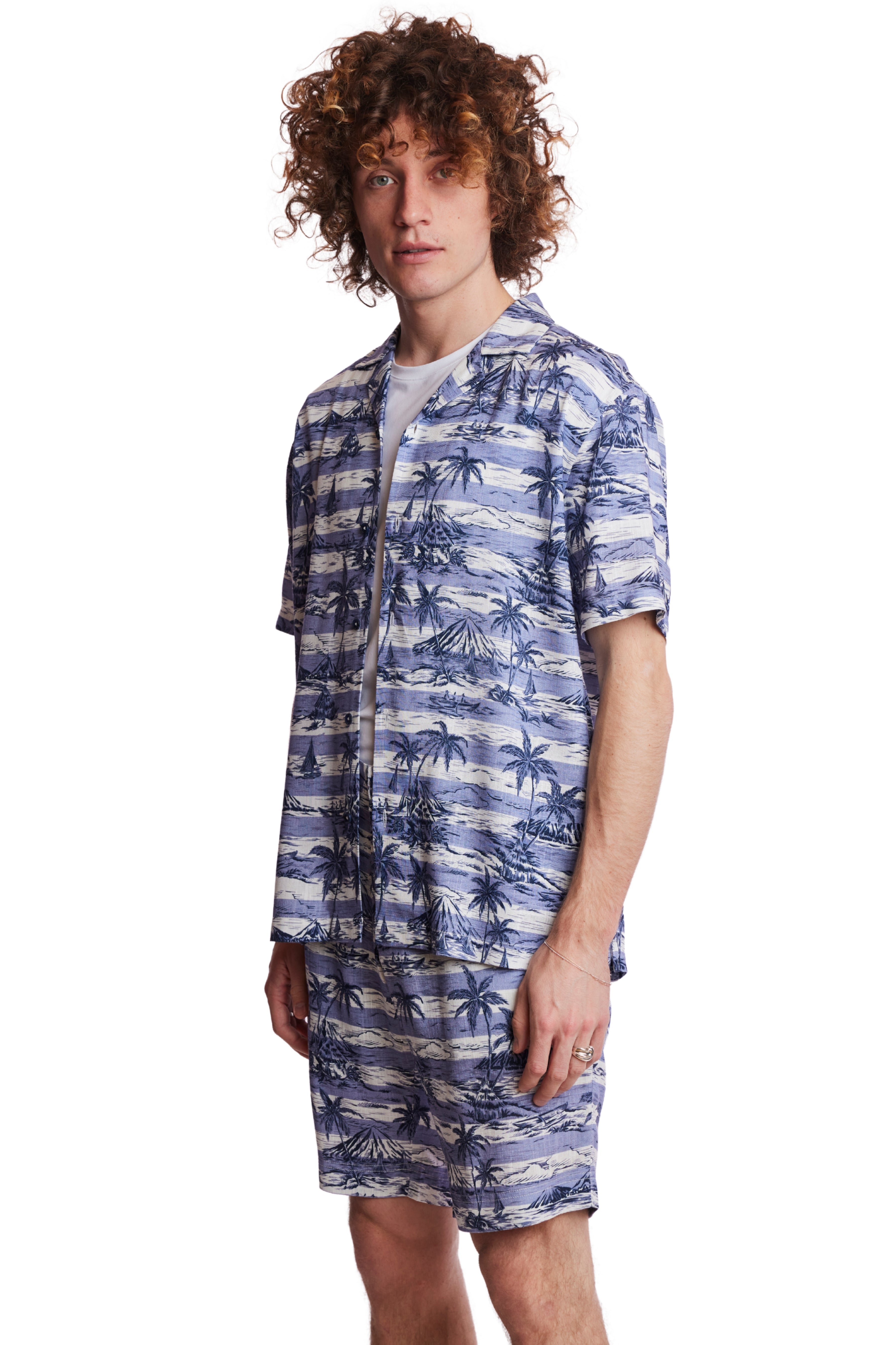 S/S Camp Collar Shirt - Indigo Palms Stripe