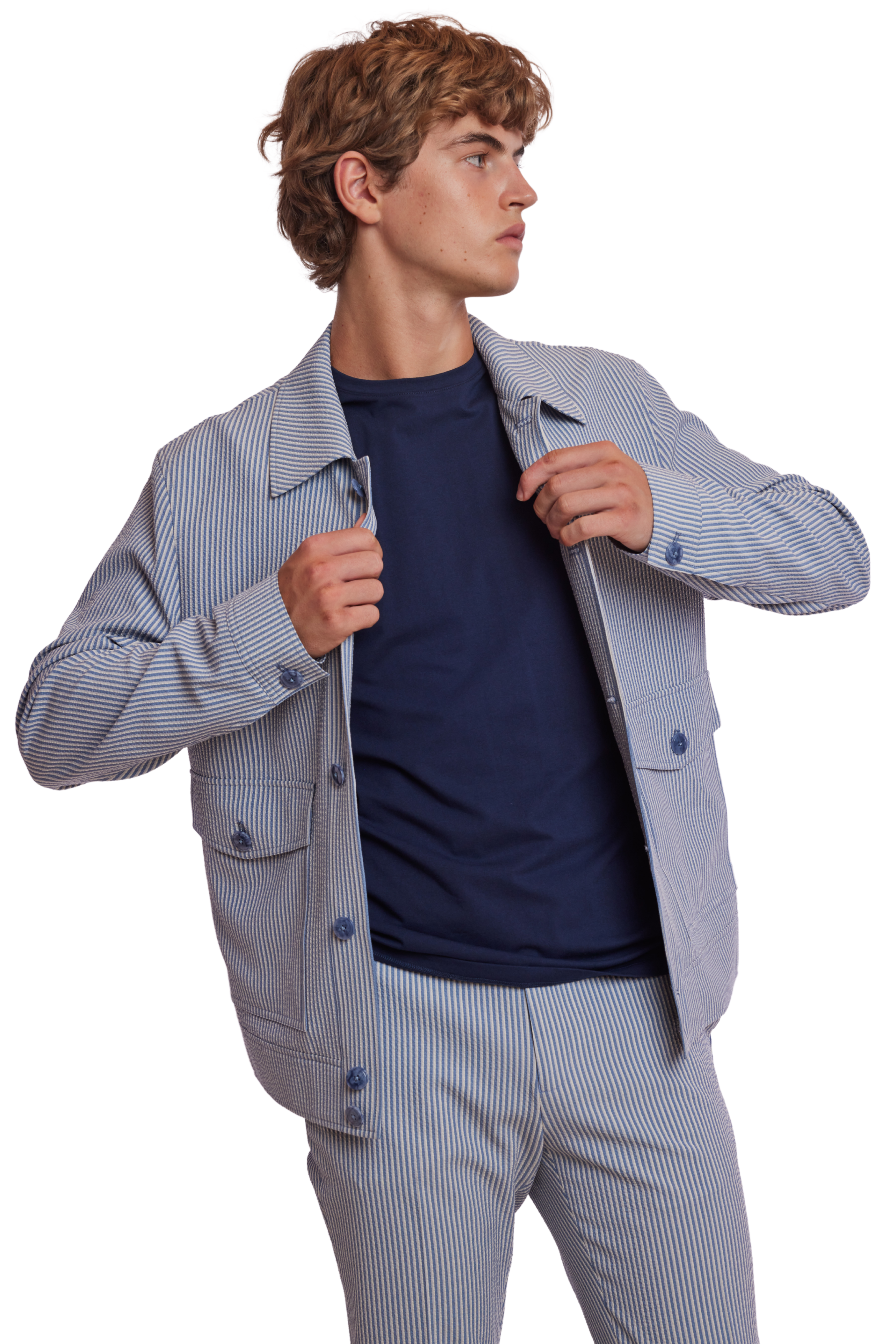 Milo Buttoned Bomber Jacket  - slim - Blue Grey Cream Seersucker