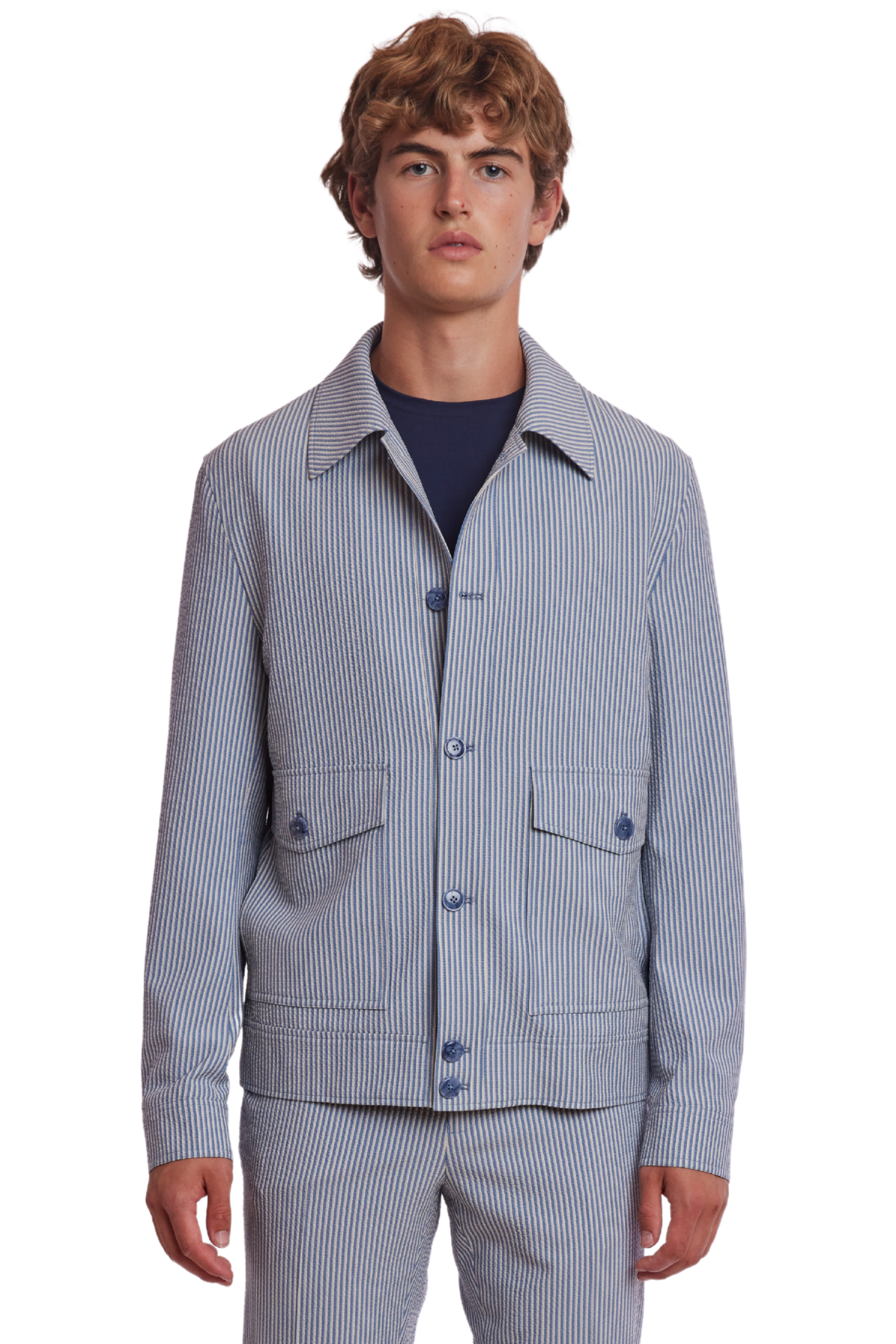 Milo Buttoned Bomber Jacket  - slim - Blue Grey Cream Seersucker