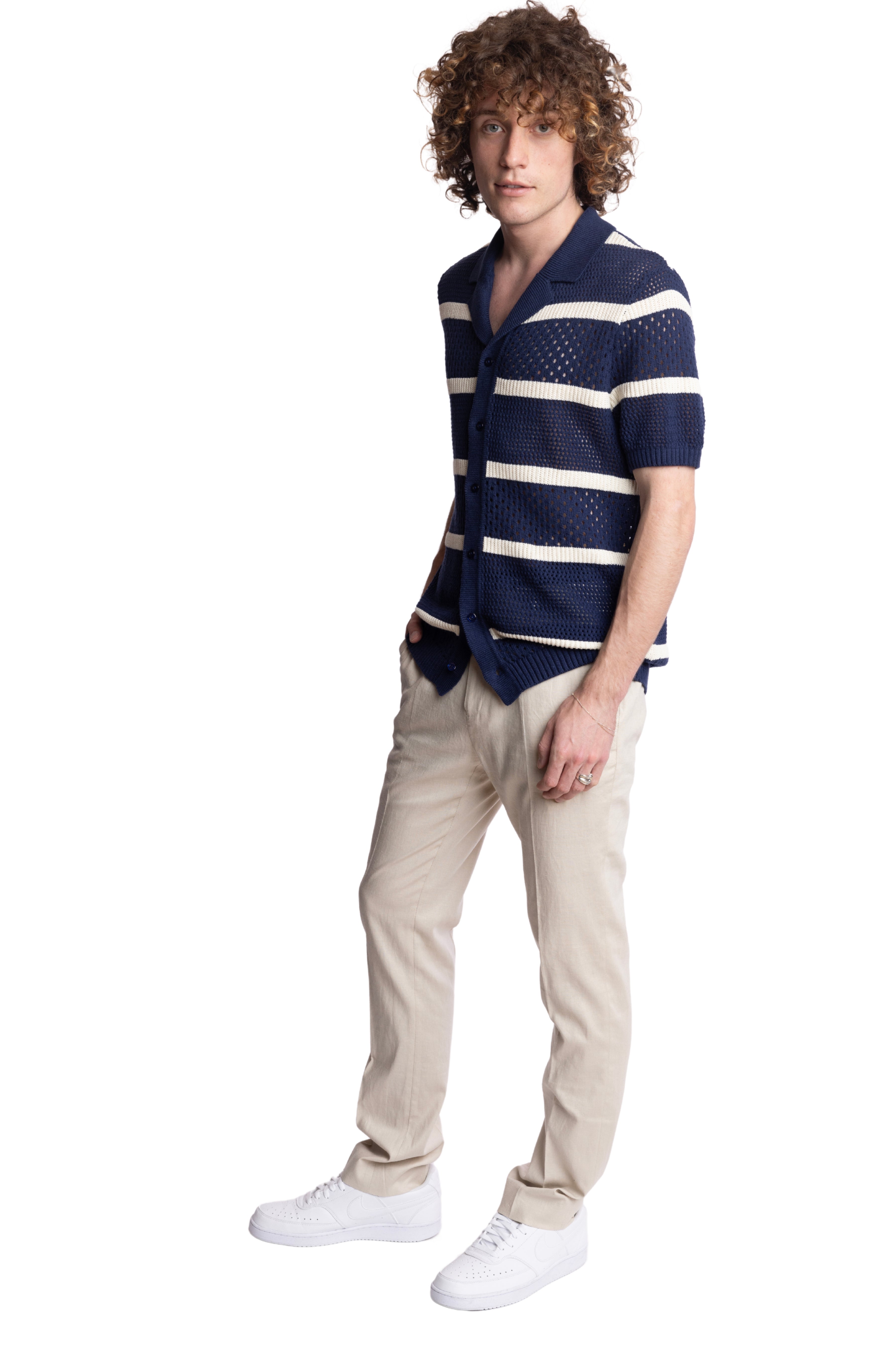 Full Placket Crochet Polo - Navy & Cream