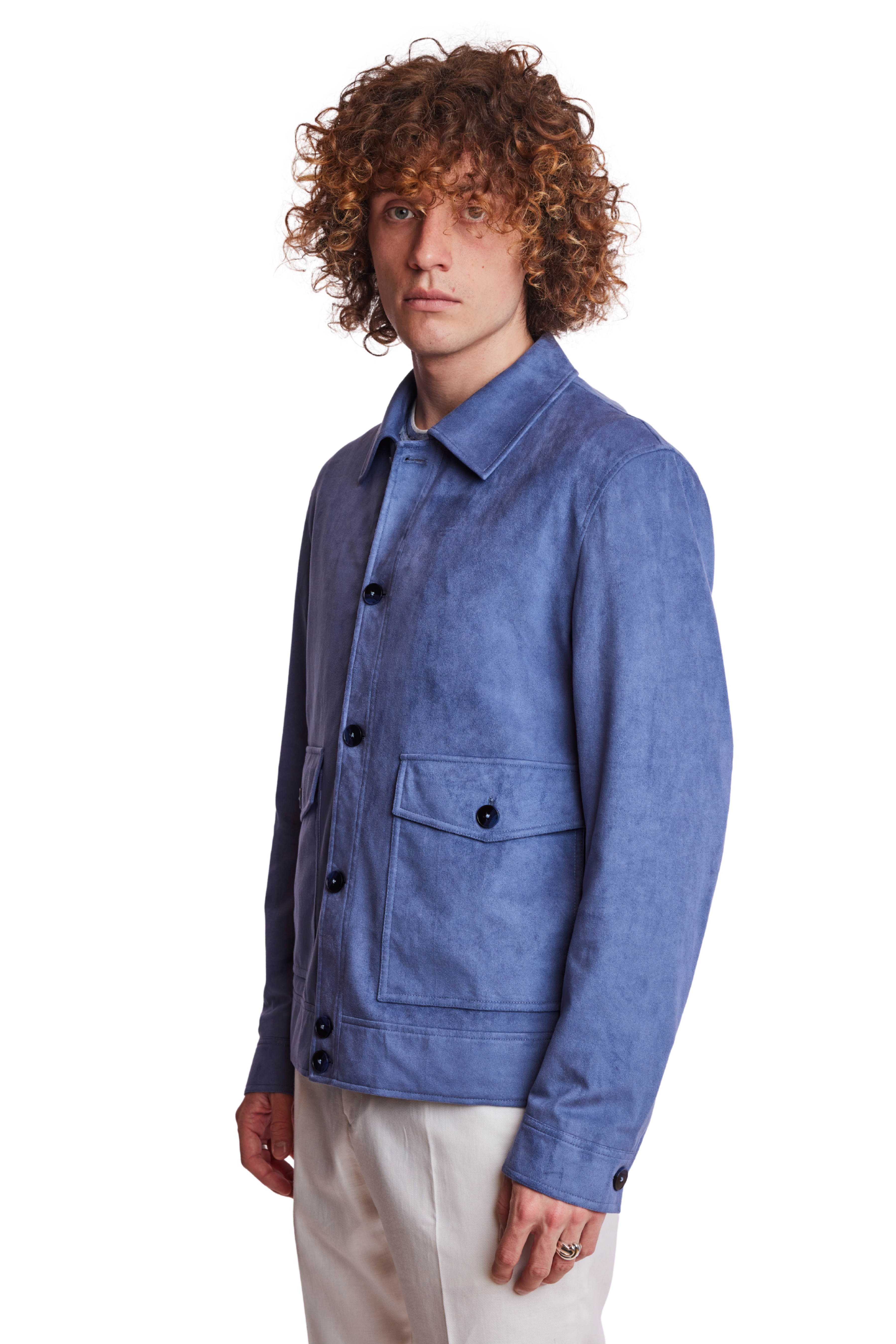 Milo Buttoned Bomber Jacket  - slim - Soft Blue Micro Suede