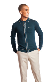  L/S Full Button Tipped Polo - Forest Green