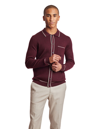 L/S Full Button Tipped Polo - Malbec