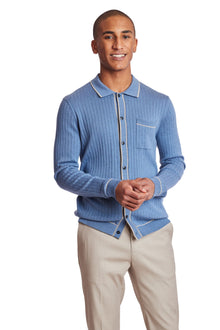  L/S Full Button Tipped Polo - Arctic Blue