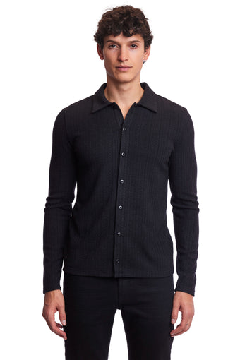 L/S Pointelle Full Button Polo - All Black