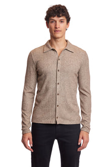  L/S Pointelle Full Button Polo - Heather Beige