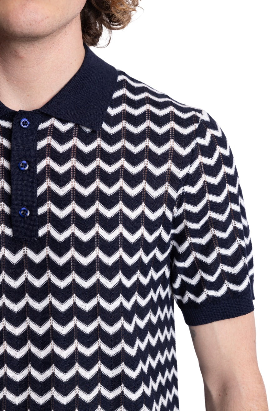 3 Button Chevron Polo - Navy & White Zig Zag