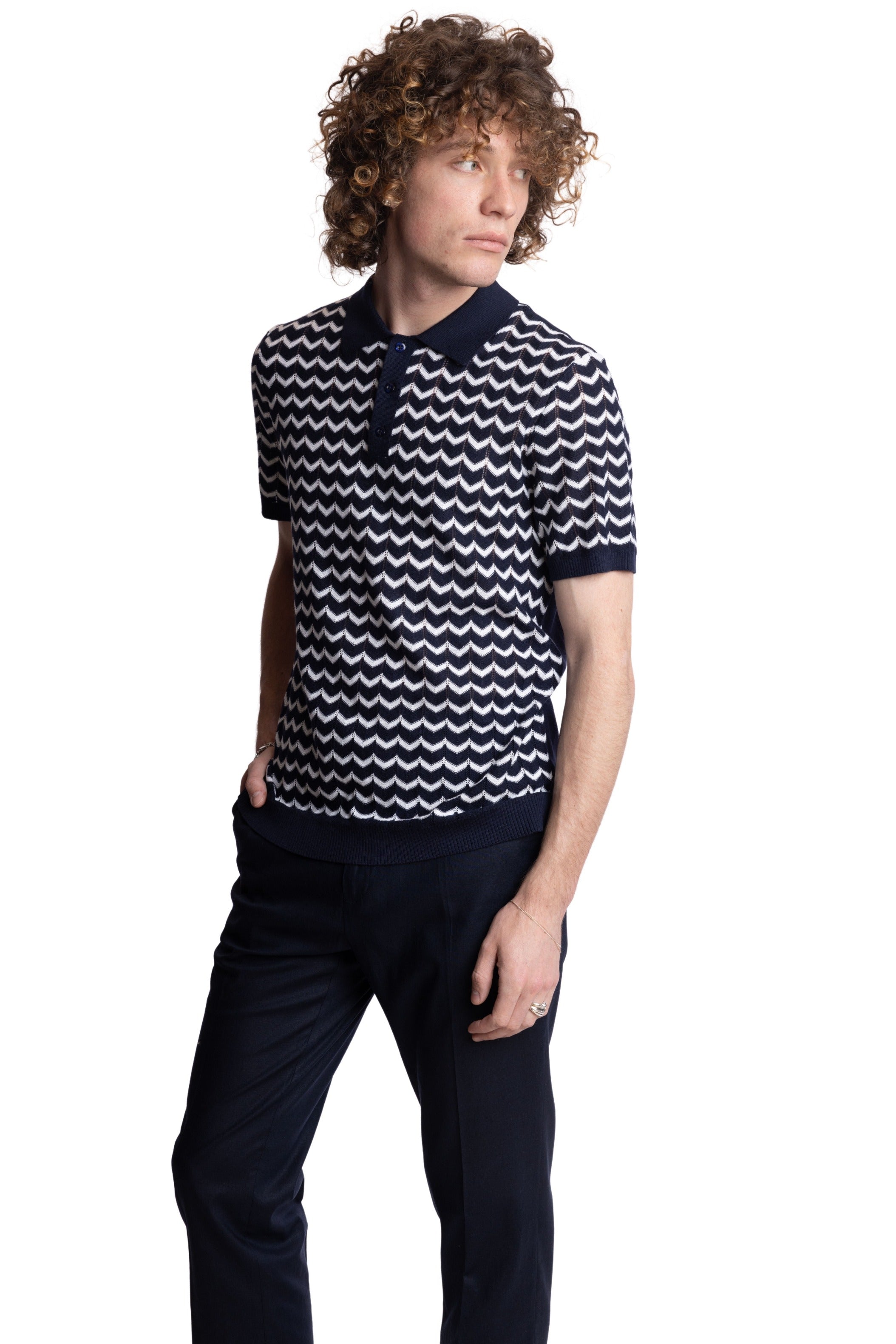 3 Button Chevron Polo - Navy & White Zig Zag