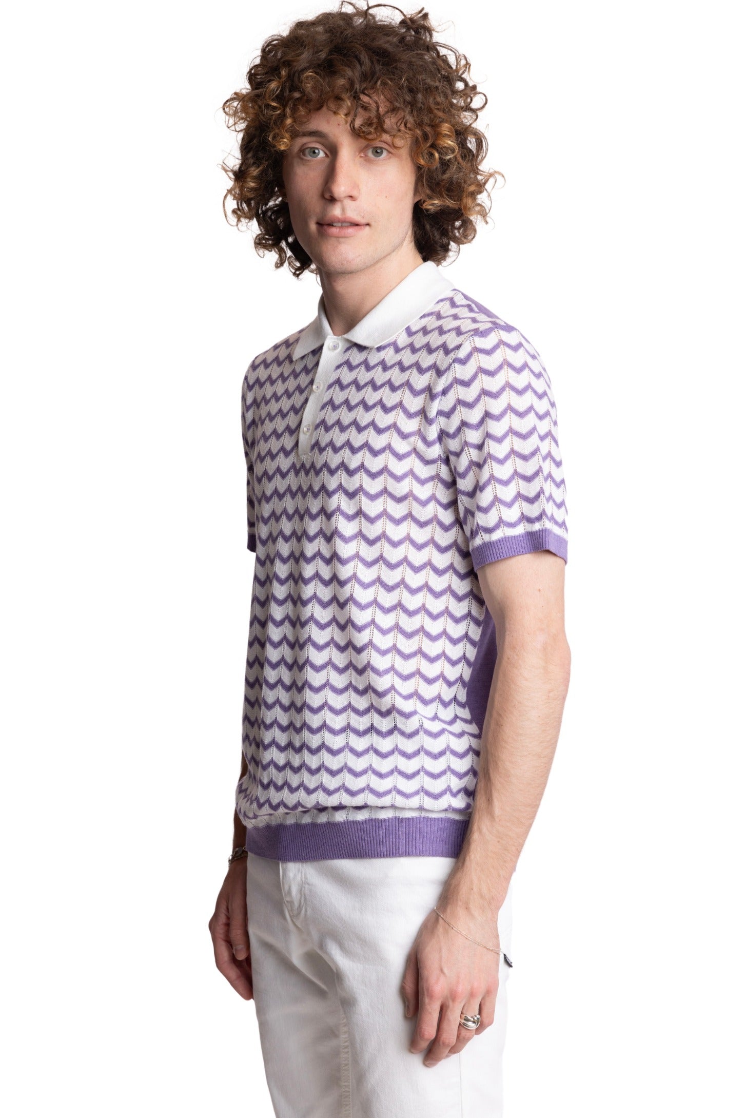 3 Button Chevron Polo - White & Lilac Zig Zag