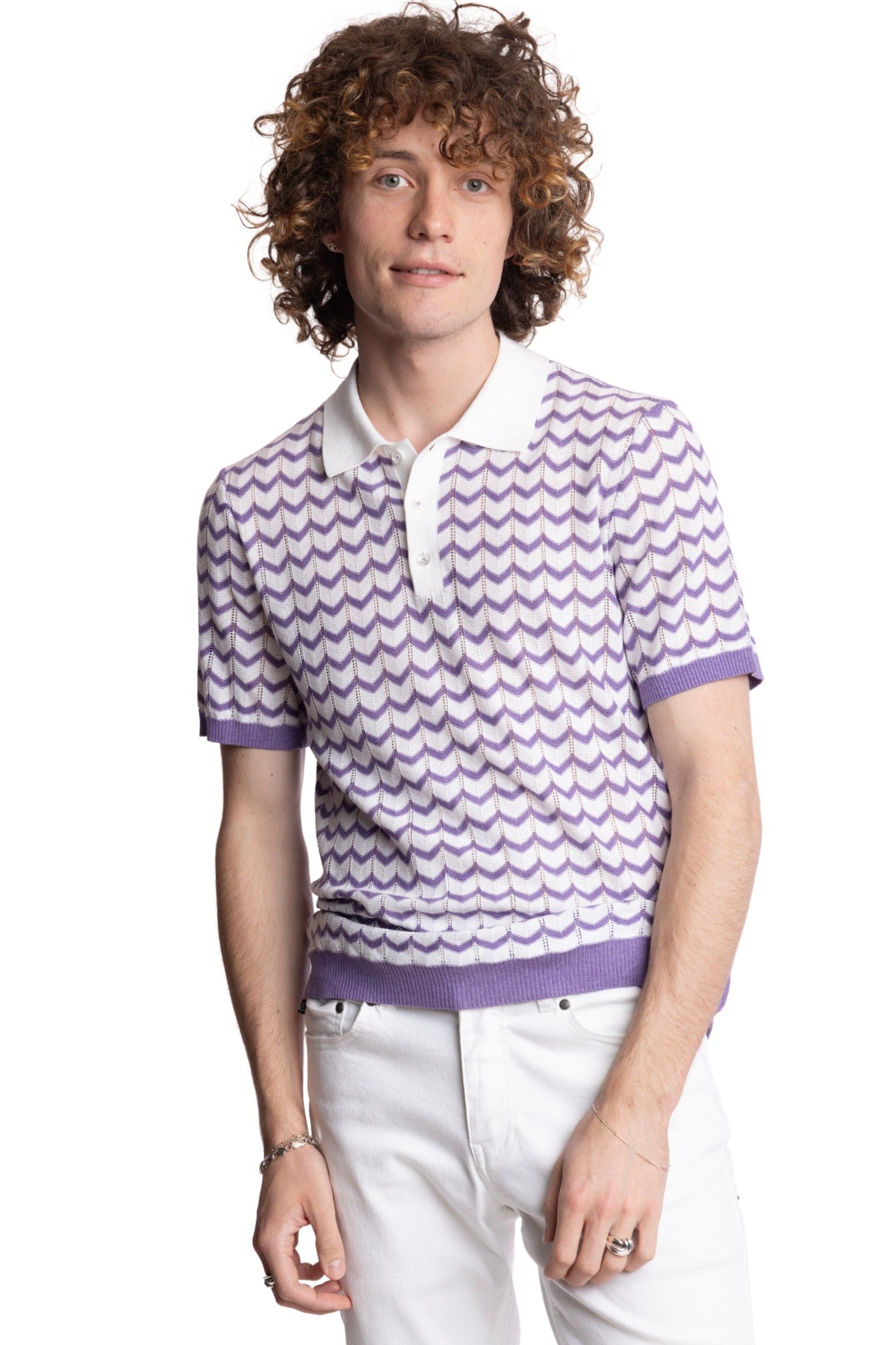 3 Button Chevron Polo - White & Lilac Zig Zag