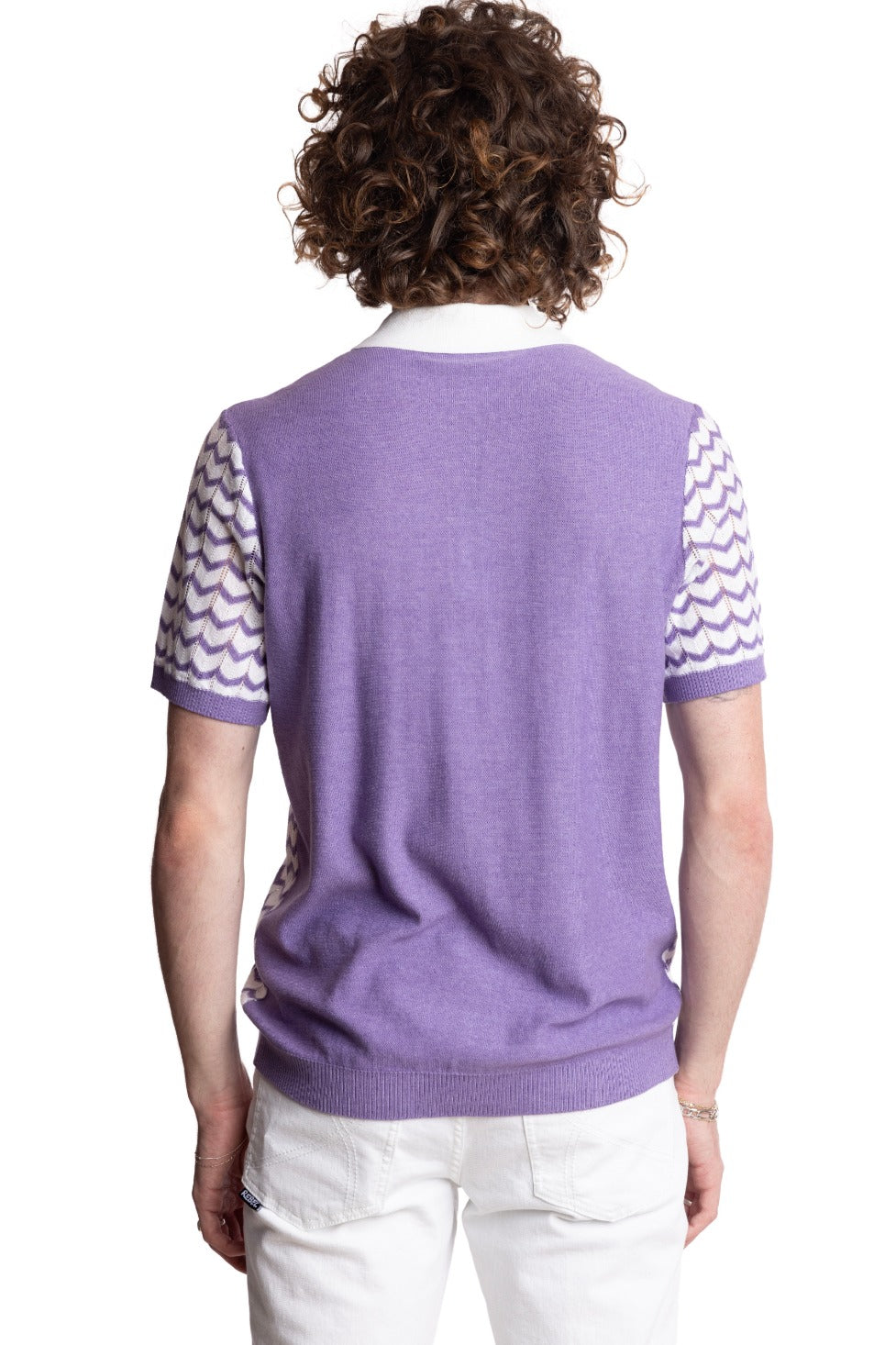 3 Button Chevron Polo - White & Lilac Zig Zag