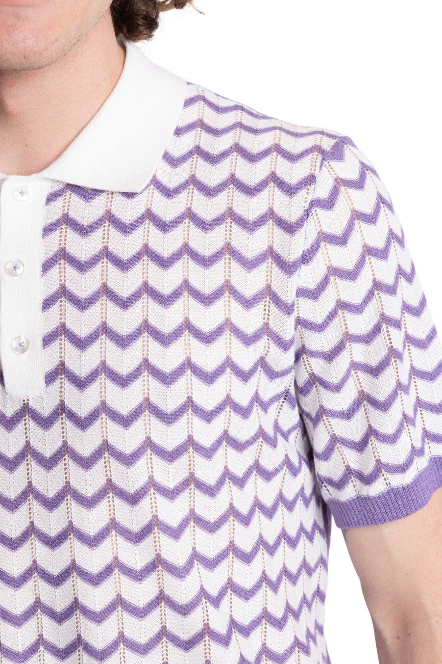 3 Button Chevron Polo - White & Lilac Zig Zag