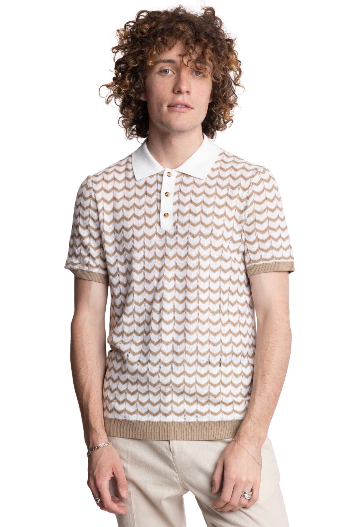 3 Button Chevron Polo - White & Tan Zig Zag