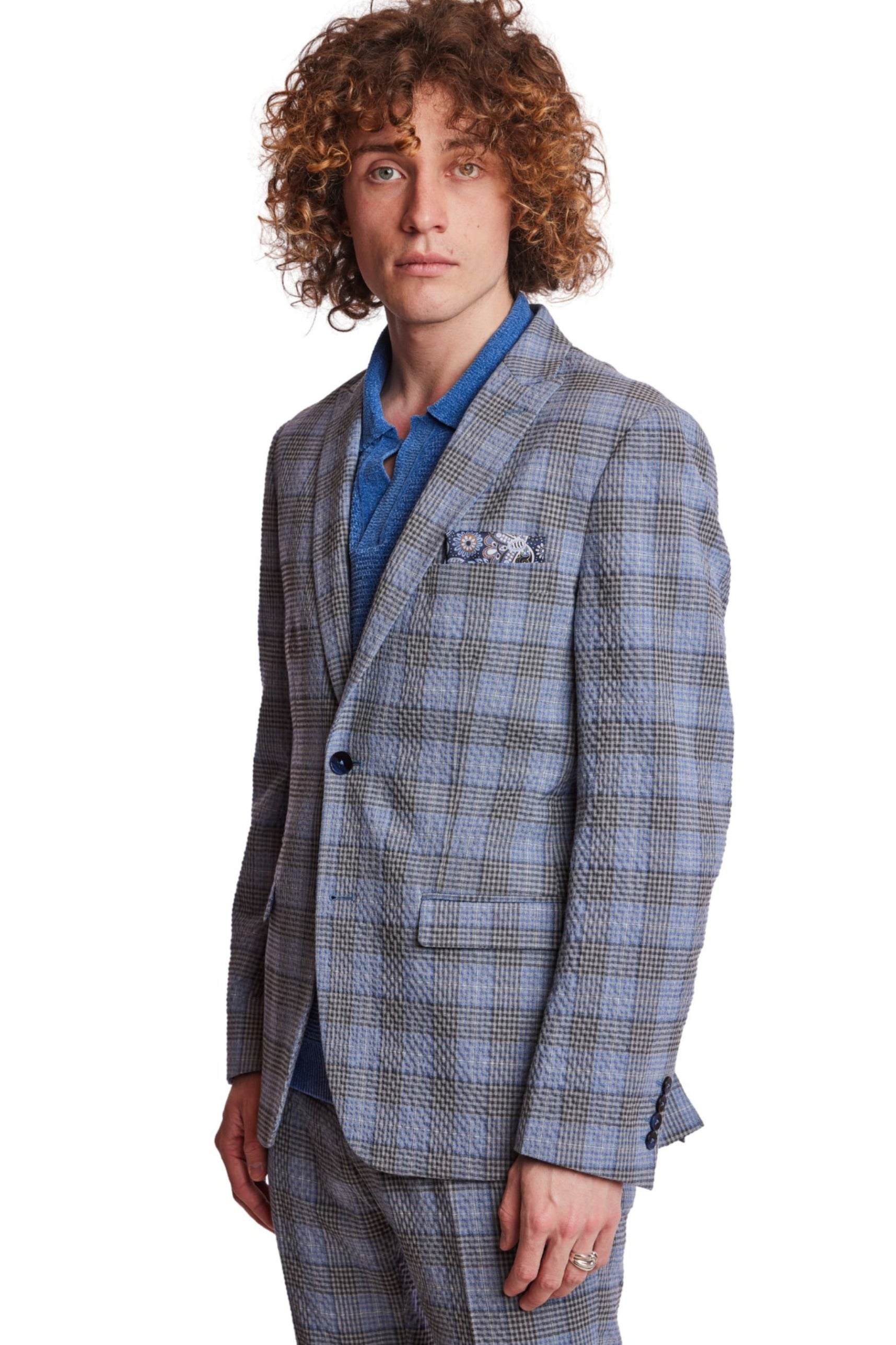 Ashton Peak Jacket - slim - Grey Blue Seersucker Check