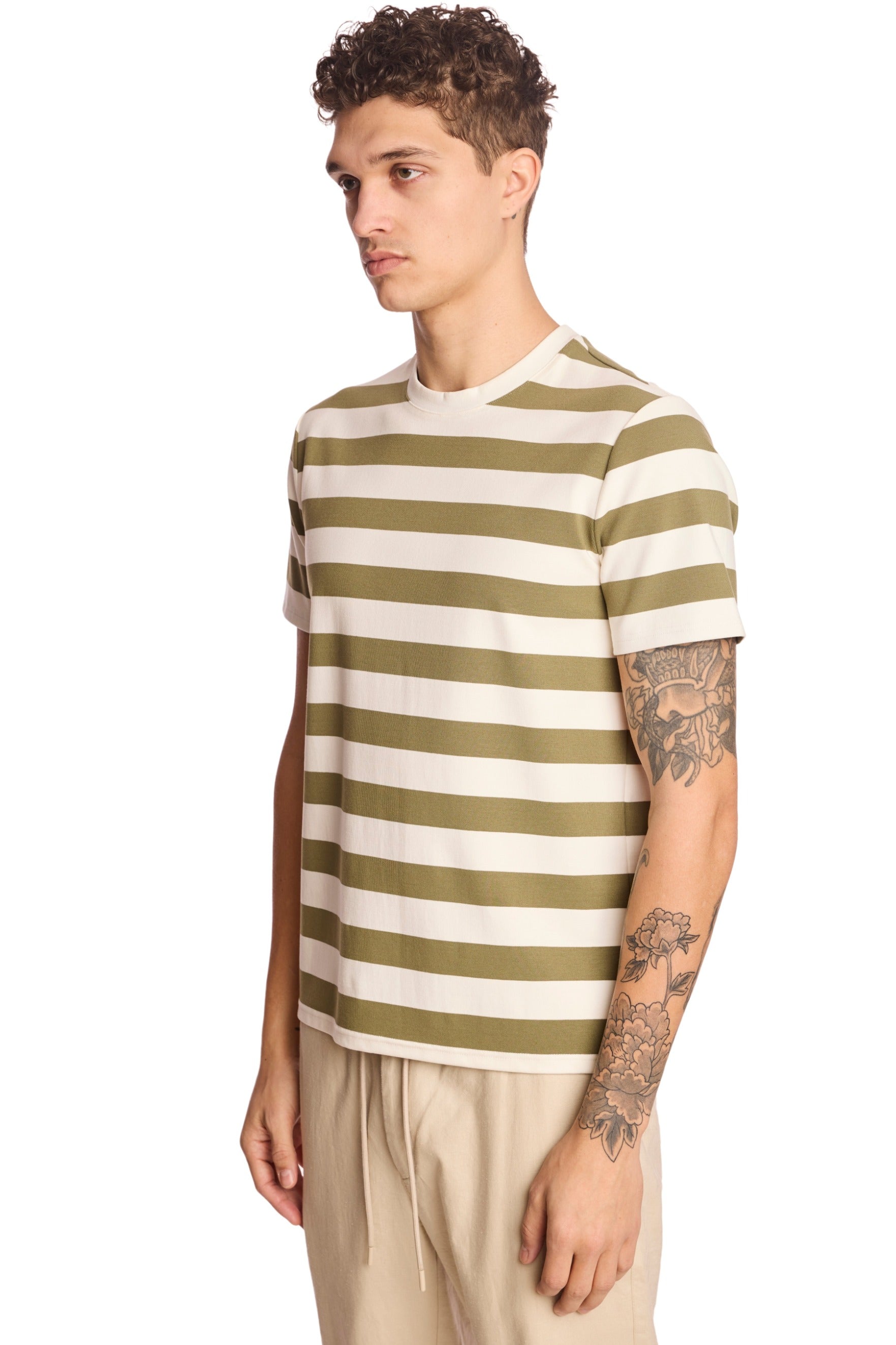 Crew Neck T - Olive and White Wide Stripes