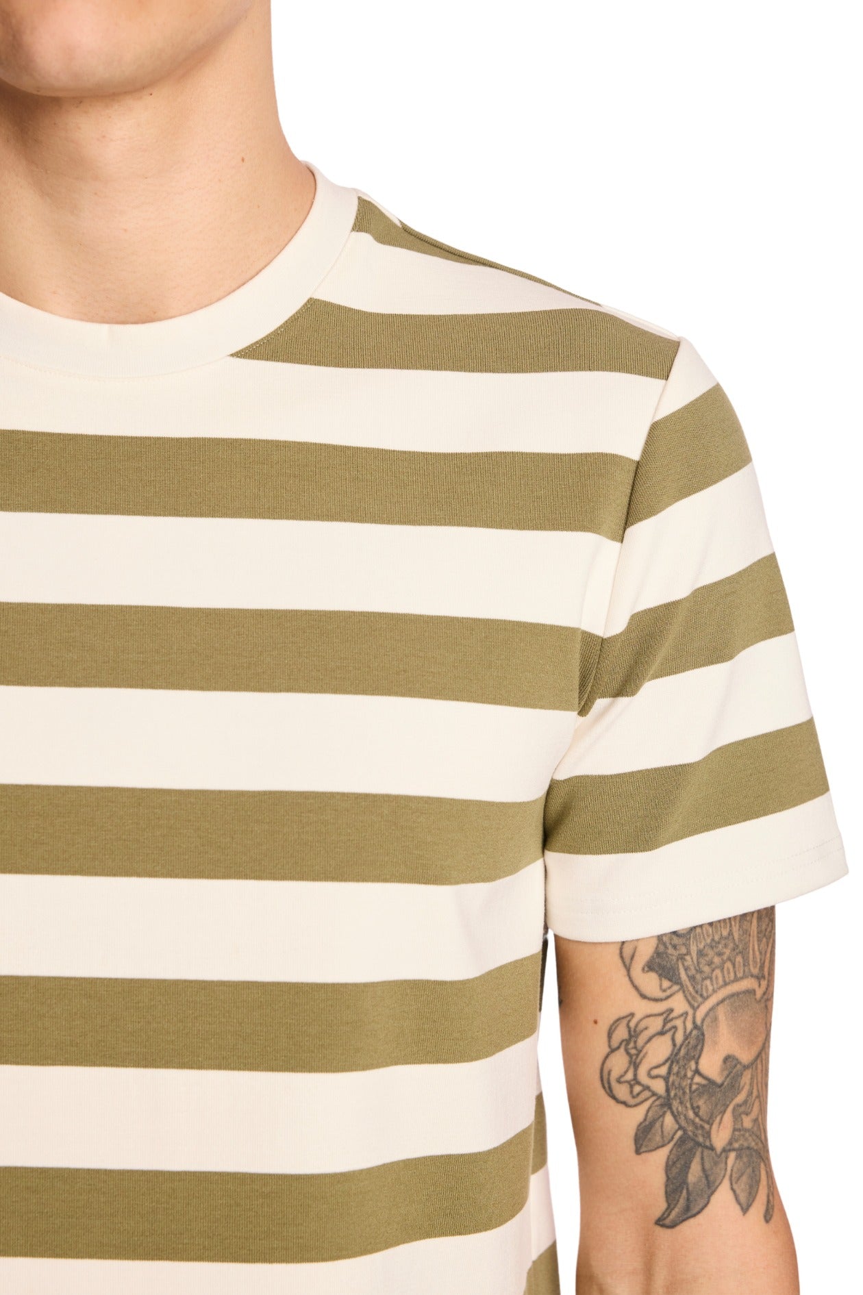 Crew Neck T - Olive and White Wide Stripes