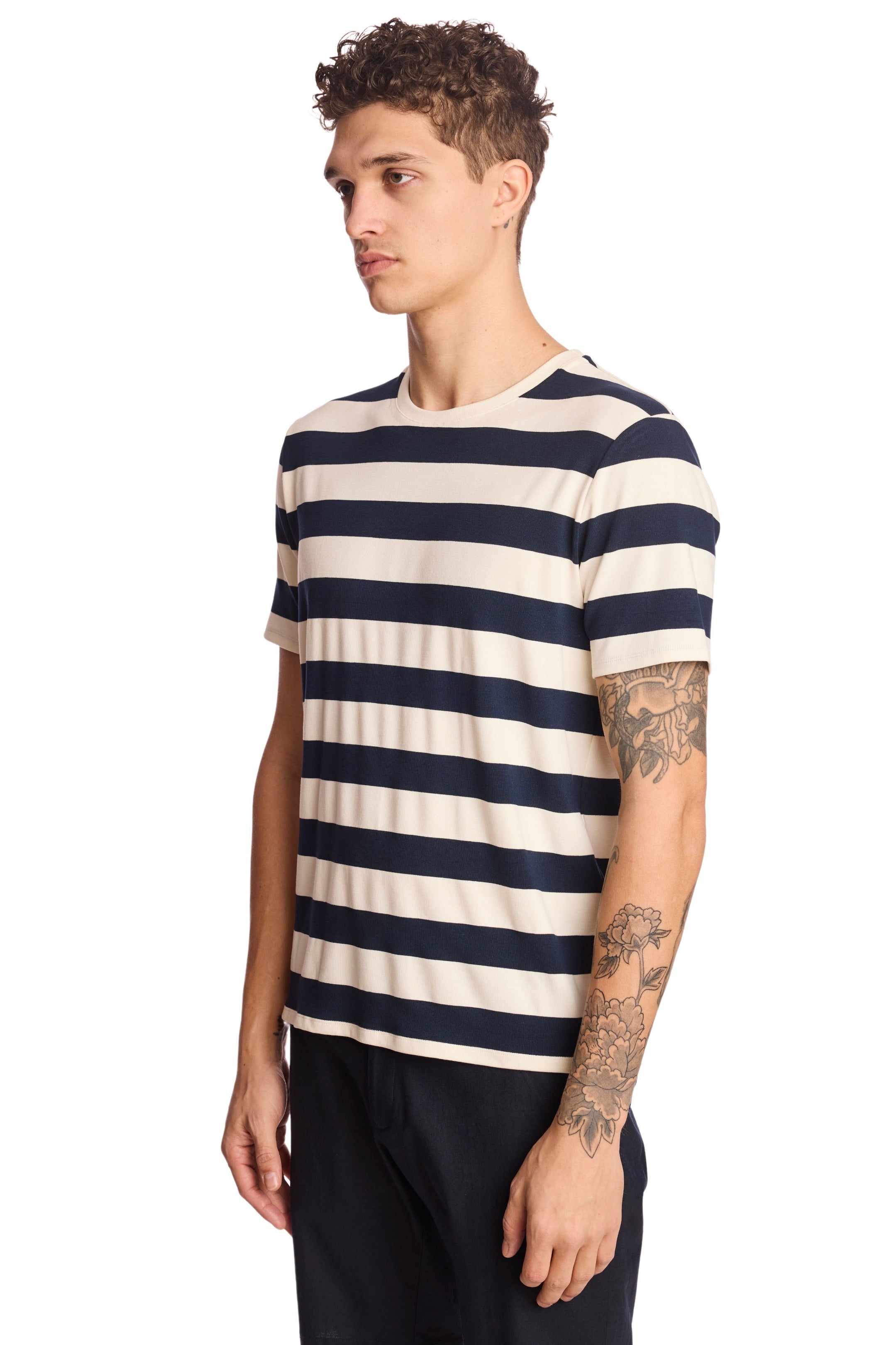 Crew Neck T-Shirt - Navy White Wide Stripes