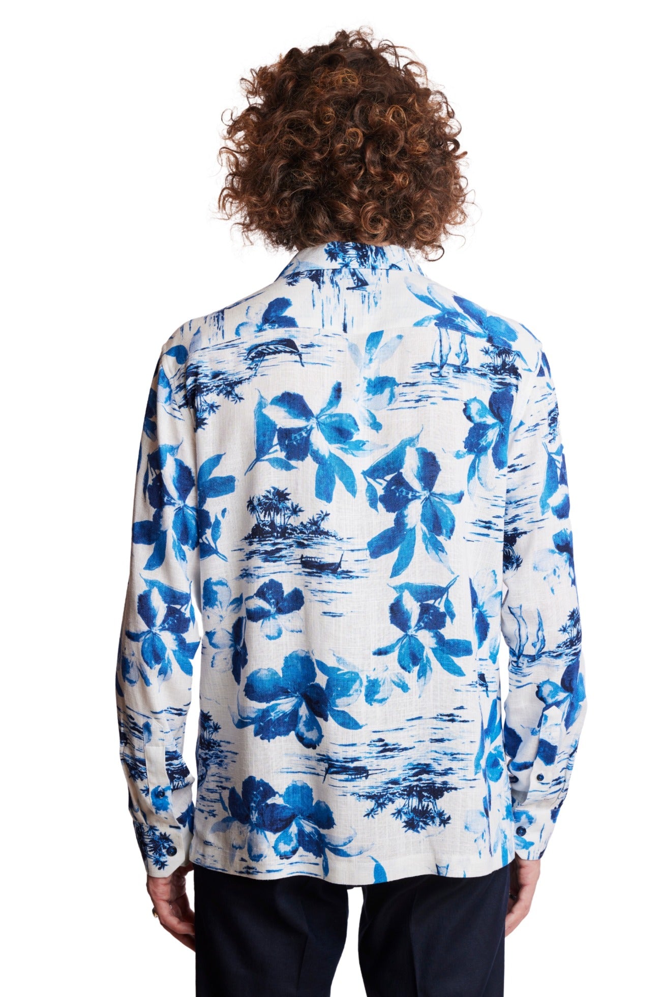 L/S Camp Collar Shirt - White Blue Vacation