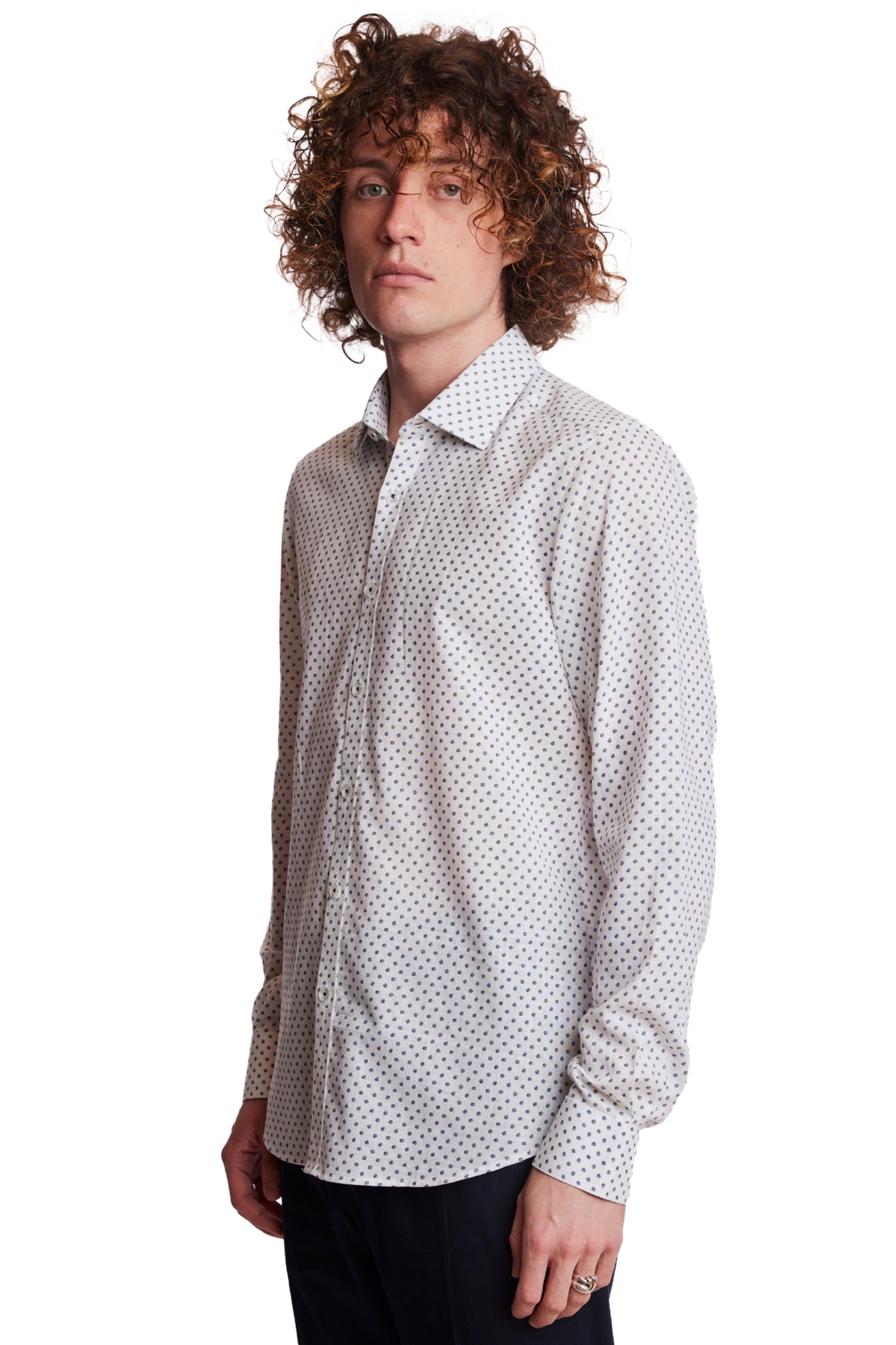 Samuel Spread Collar Shirt - White Blue Ditsy Dots