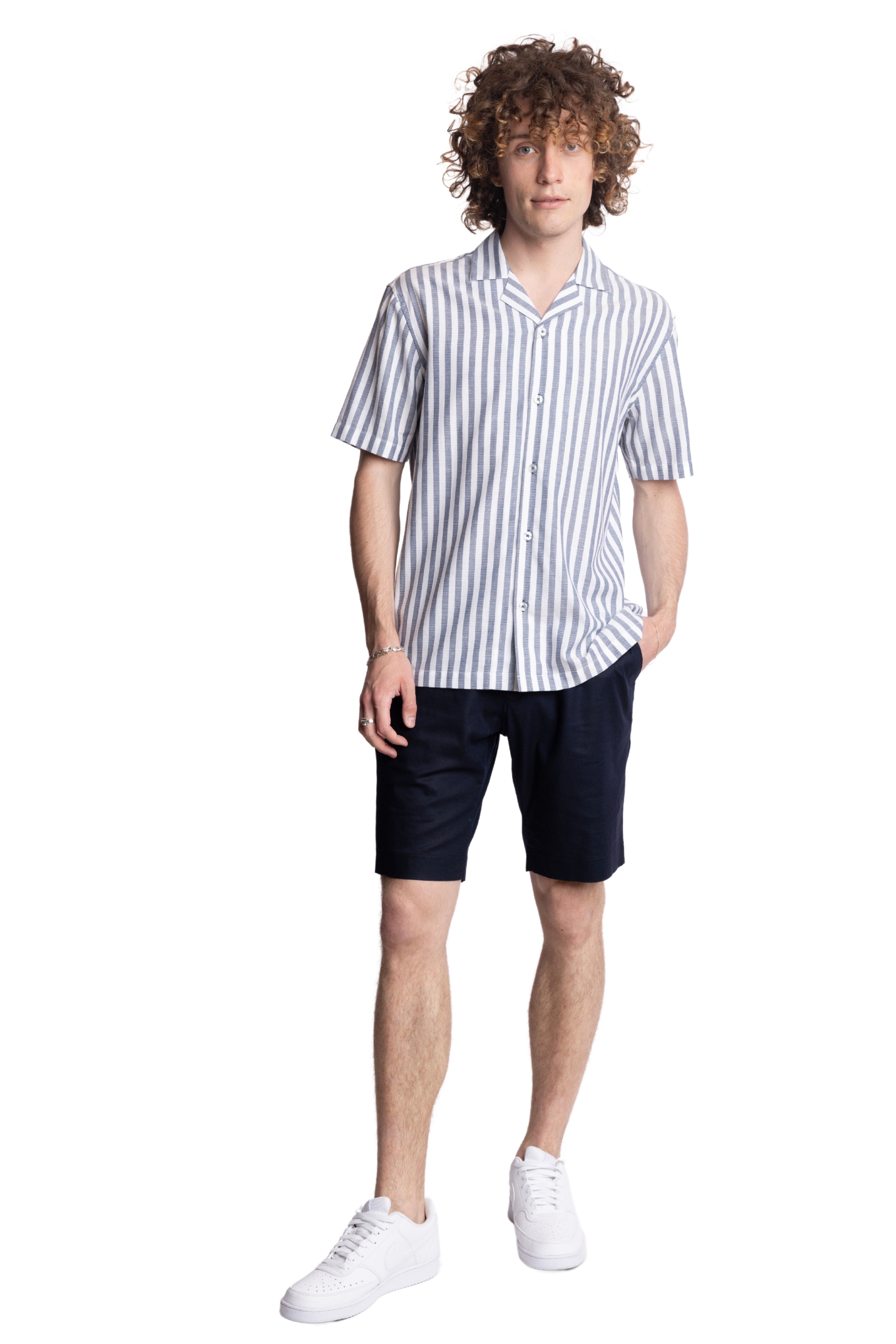 S/S Camp Collar Shirt - Blue White Herringbone Stripe