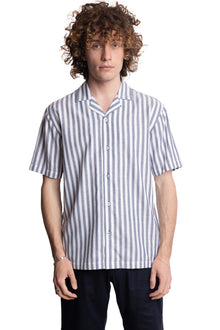  S/S Camp Collar Shirt - Blue White Herringbone Stripe