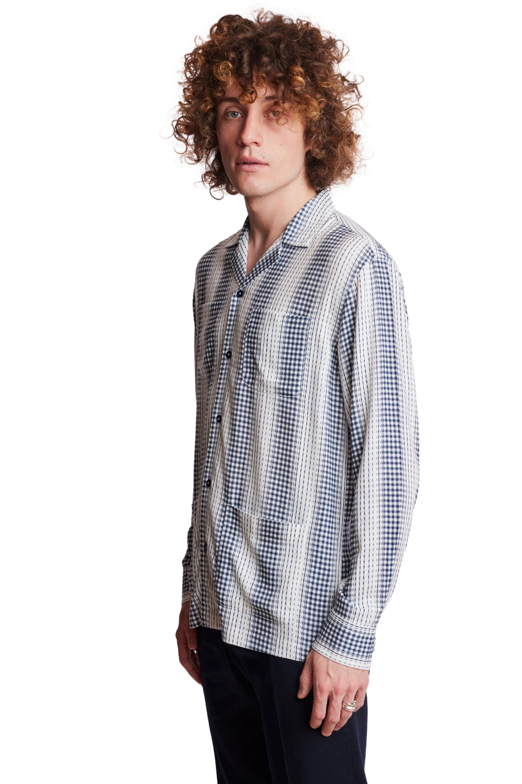 L/S Camp Collar 4 Pkt Shirt - Navy White Diamond Stripes