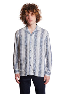  L/S Camp Collar 4 Pkt Shirt - Navy White Diamond Stripes