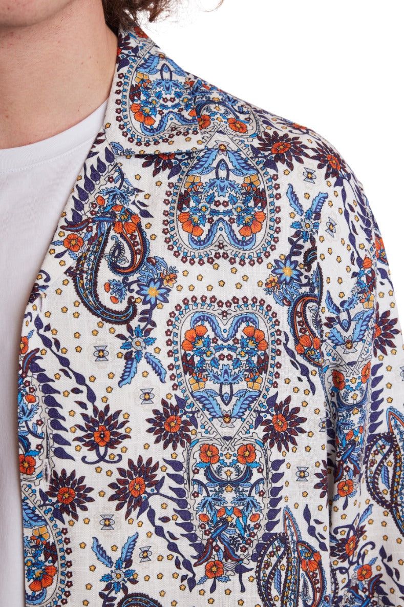 L/S Camp Collar Shirt - White Blue Orange Paisley