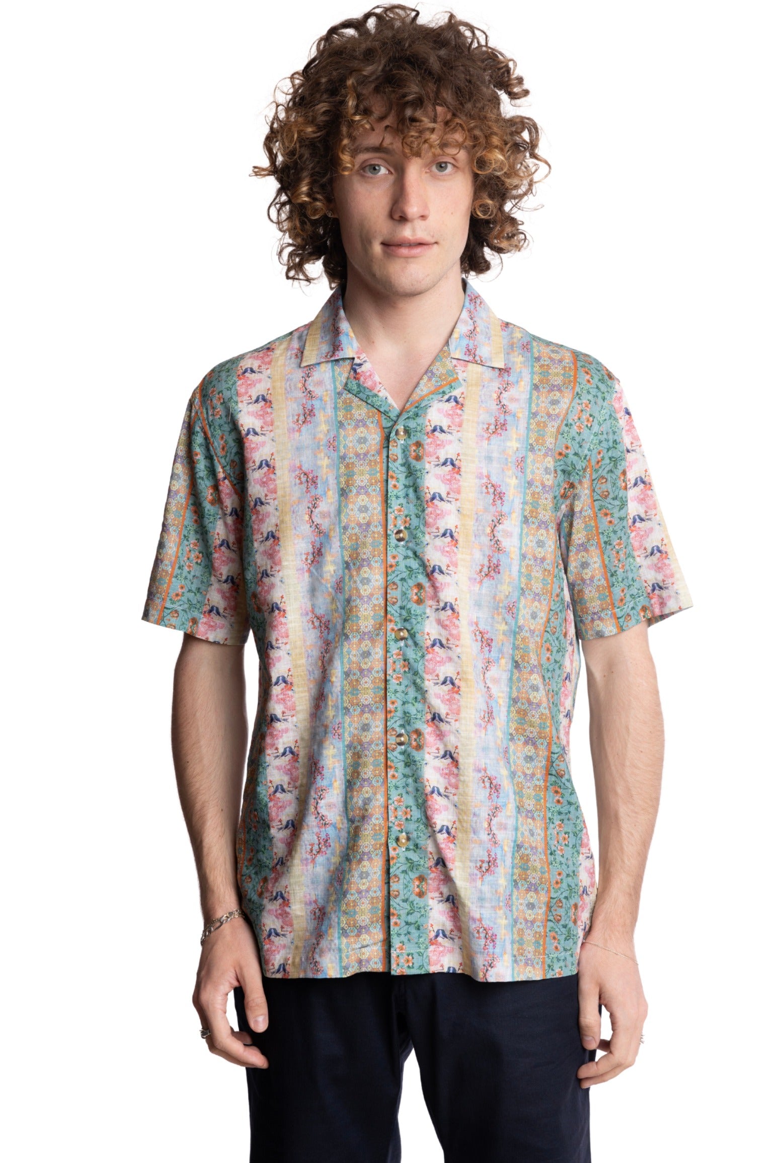 S/S Camp Collar Shirt - Pink Green Floral Multi