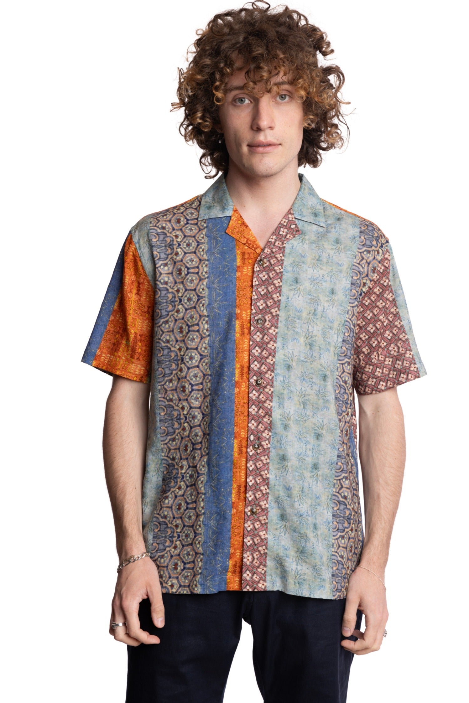 S/S Camp Collar Shirt - Orange Blue Multi Stripe