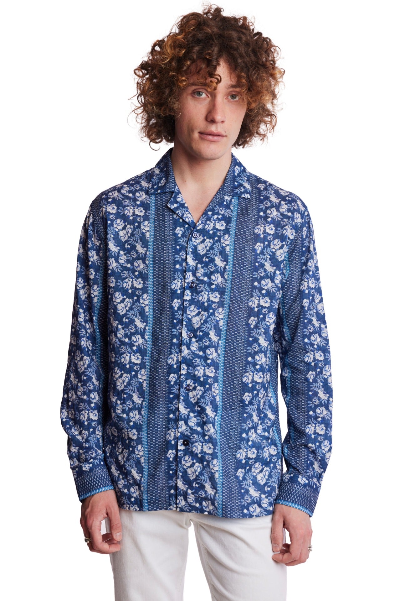 L/S Camp Collar Shirt - Navy Lt Blue Floral Stripe