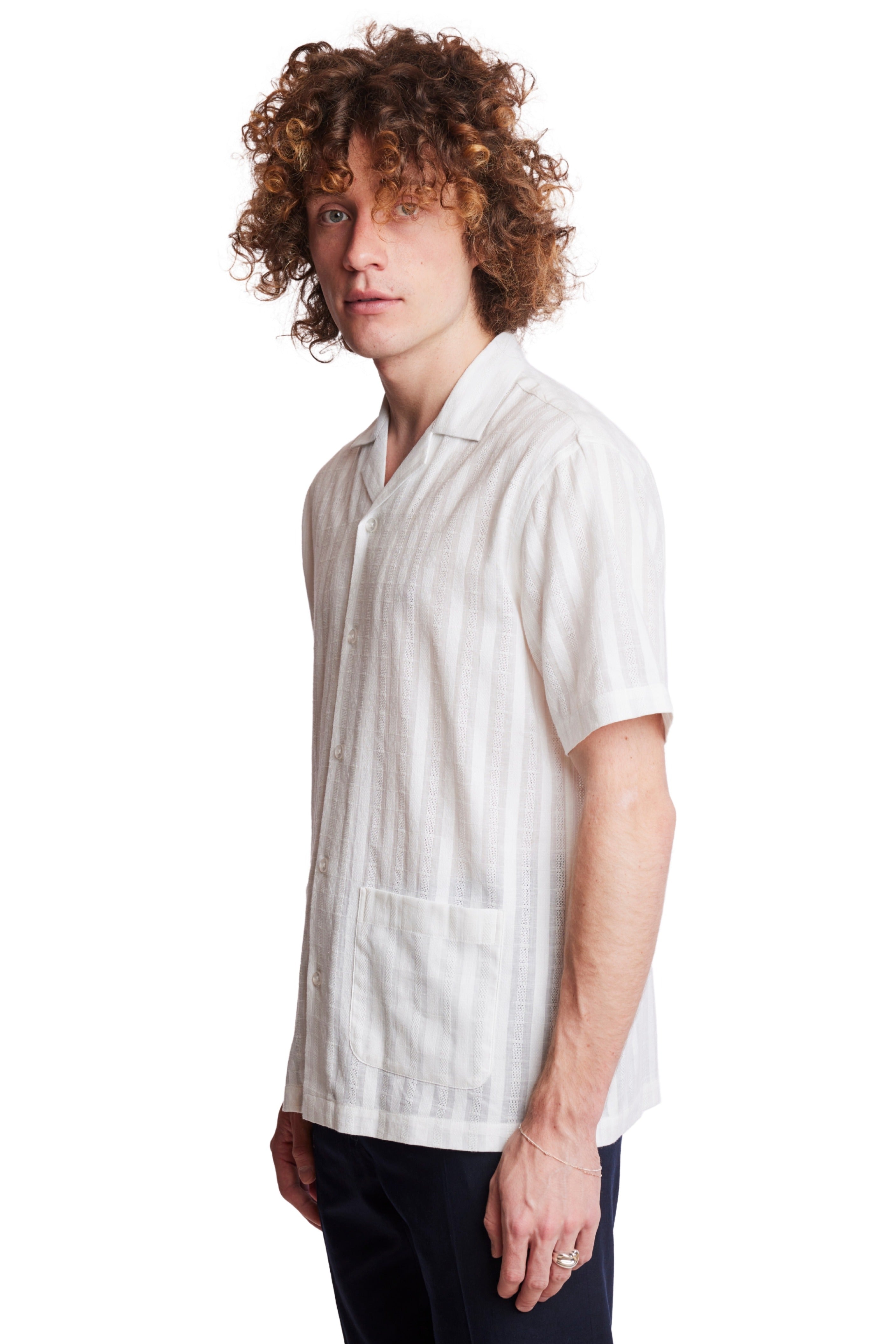 S/S Camp Collar 2 Pkt Shirt - White Dobby Stripes