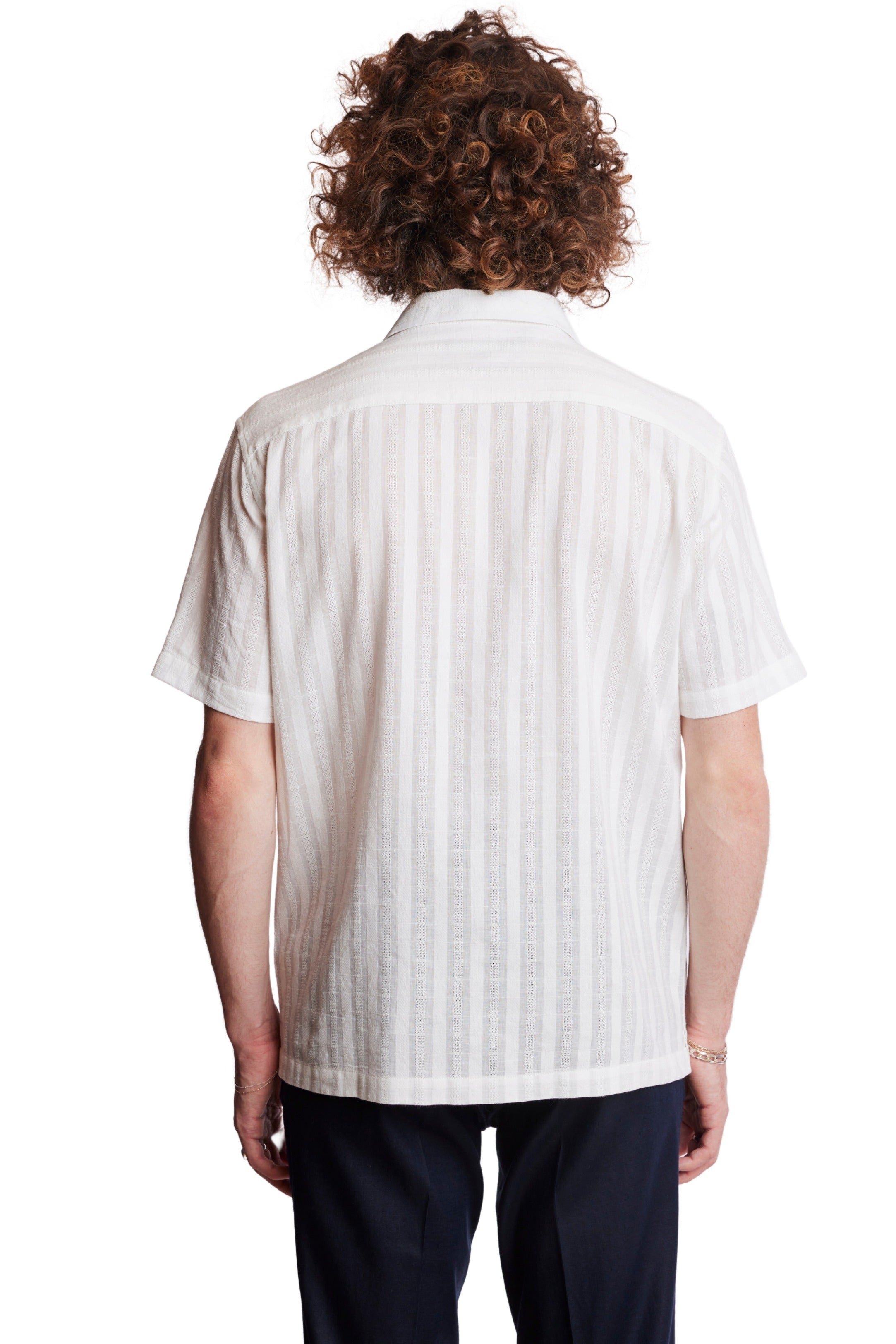 S/S Camp Collar 2 Pkt Shirt - White Dobby Stripes