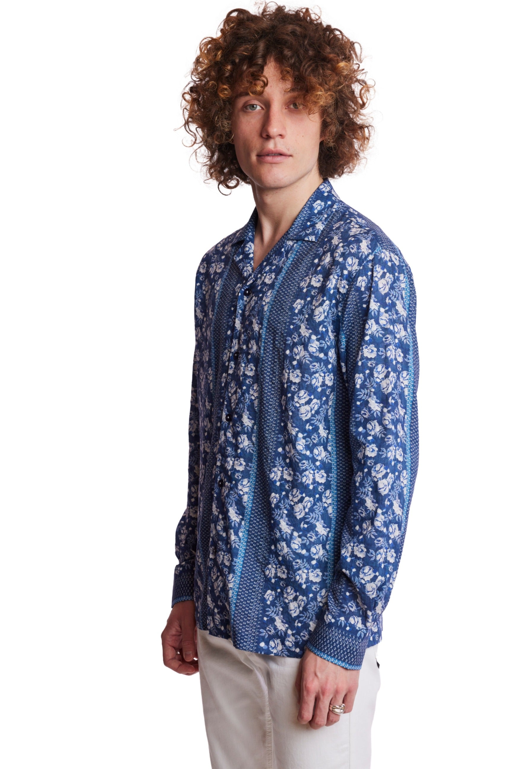 L/S Camp Collar Shirt - Navy Lt Blue Floral Stripe