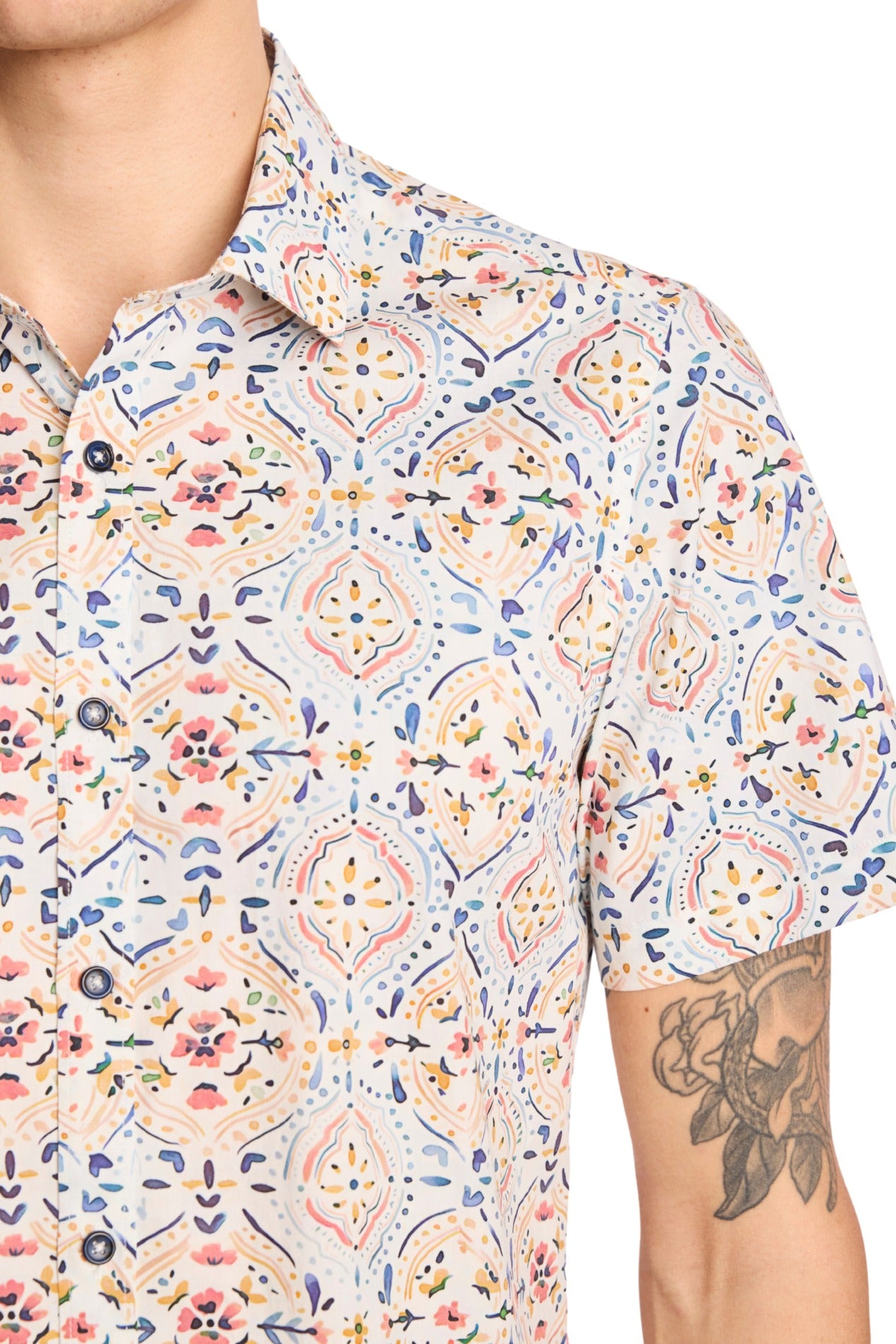 S/S Sawyer Shirt - White Peach Blue Mosaic