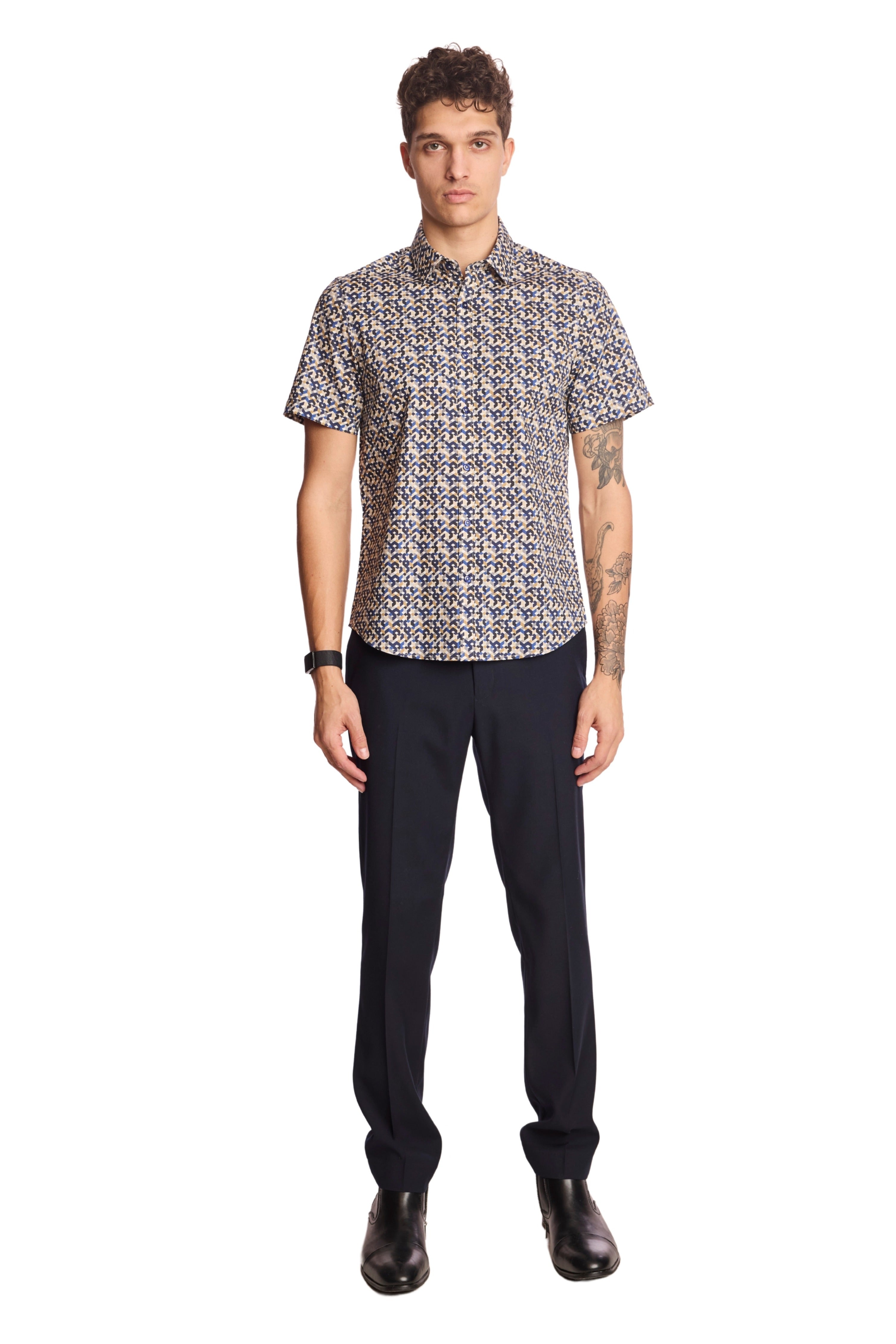 S/S Sawyer Shirt - Navy Tan Geo