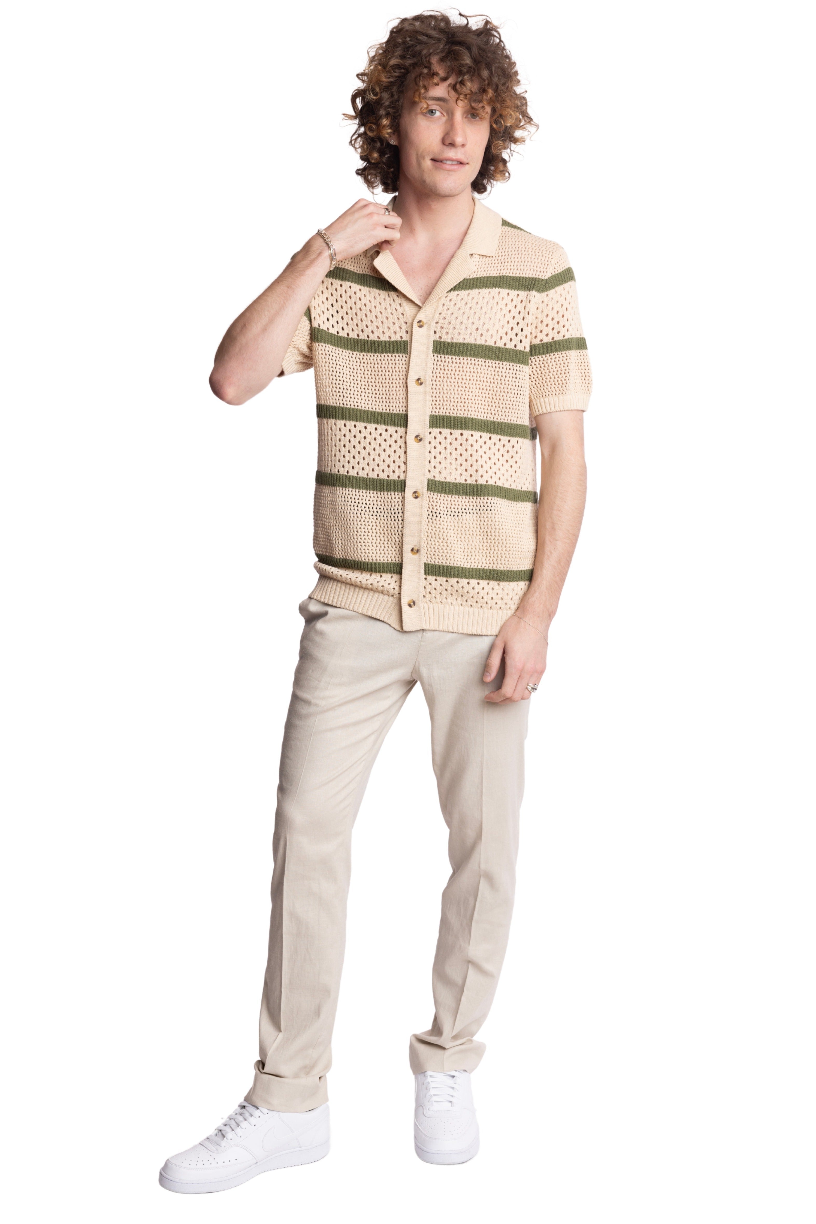 Full Placket Crochet Polo - Tan & Olive