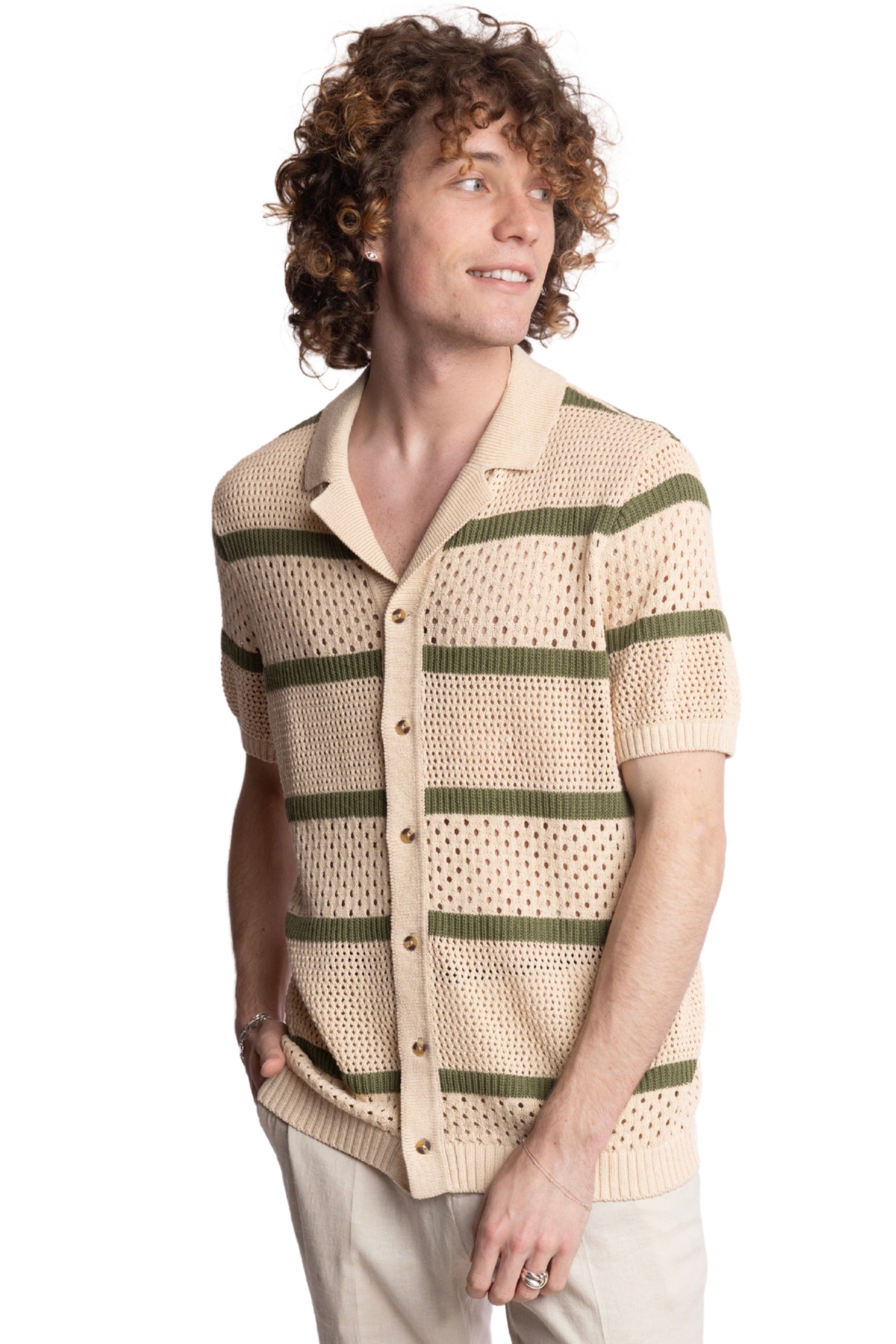 Full Placket Crochet Polo - Tan & Olive