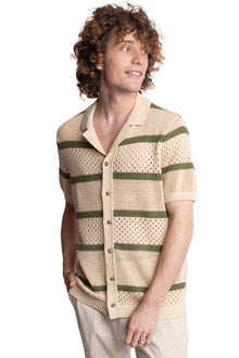  Full Placket Crochet Polo - Tan & Olive