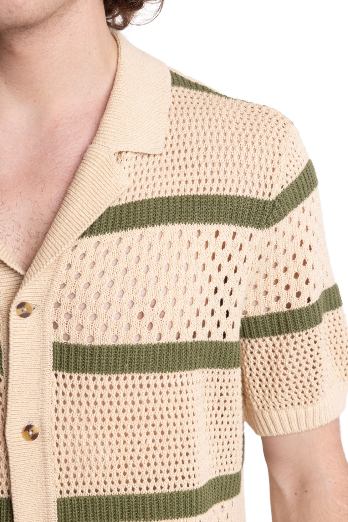 Full Placket Crochet Polo - Tan & Olive