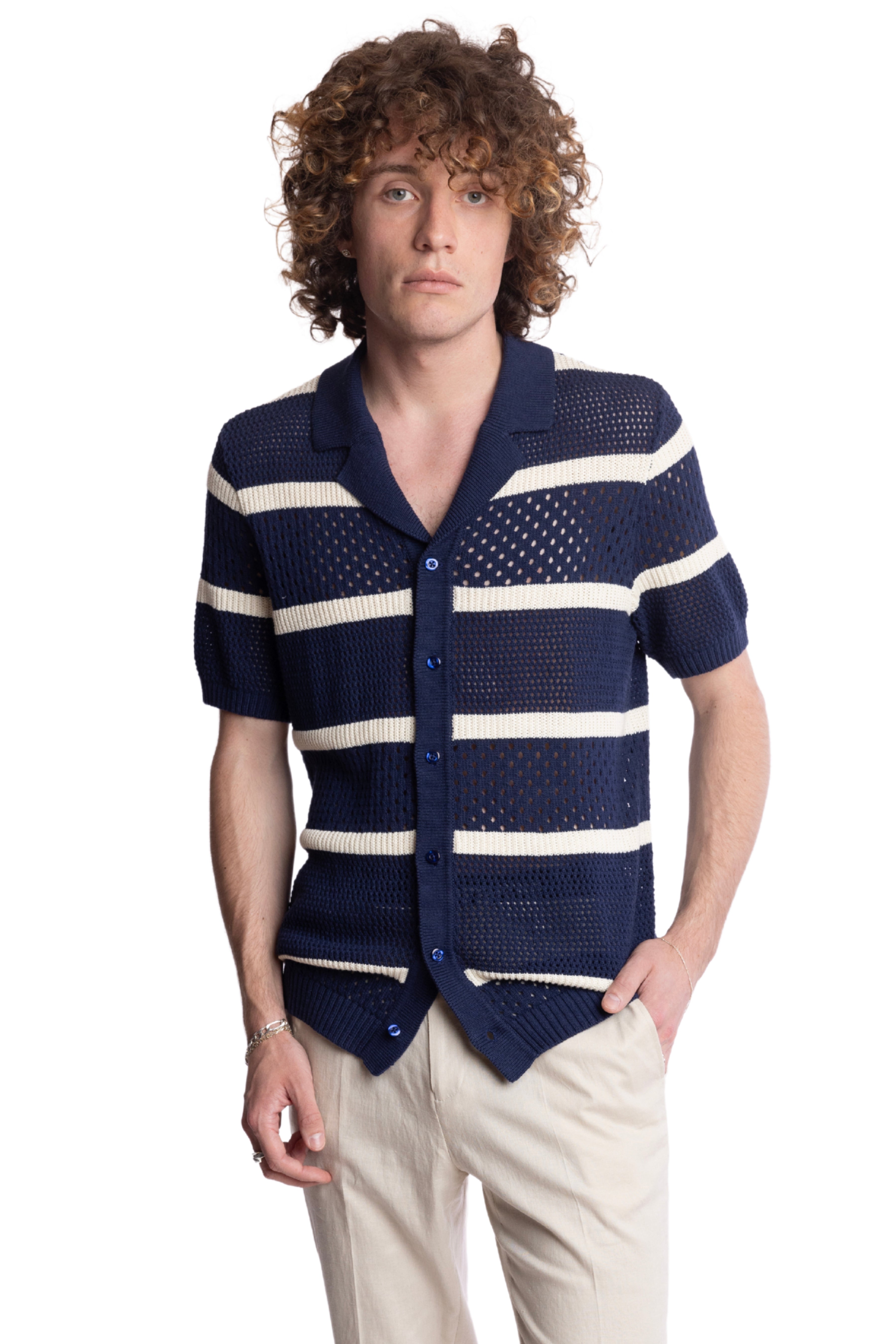 Full Placket Crochet Polo - Navy & Cream