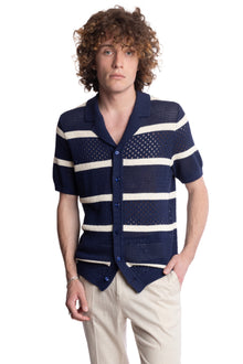  Full Placket Crochet Polo - Navy & Cream